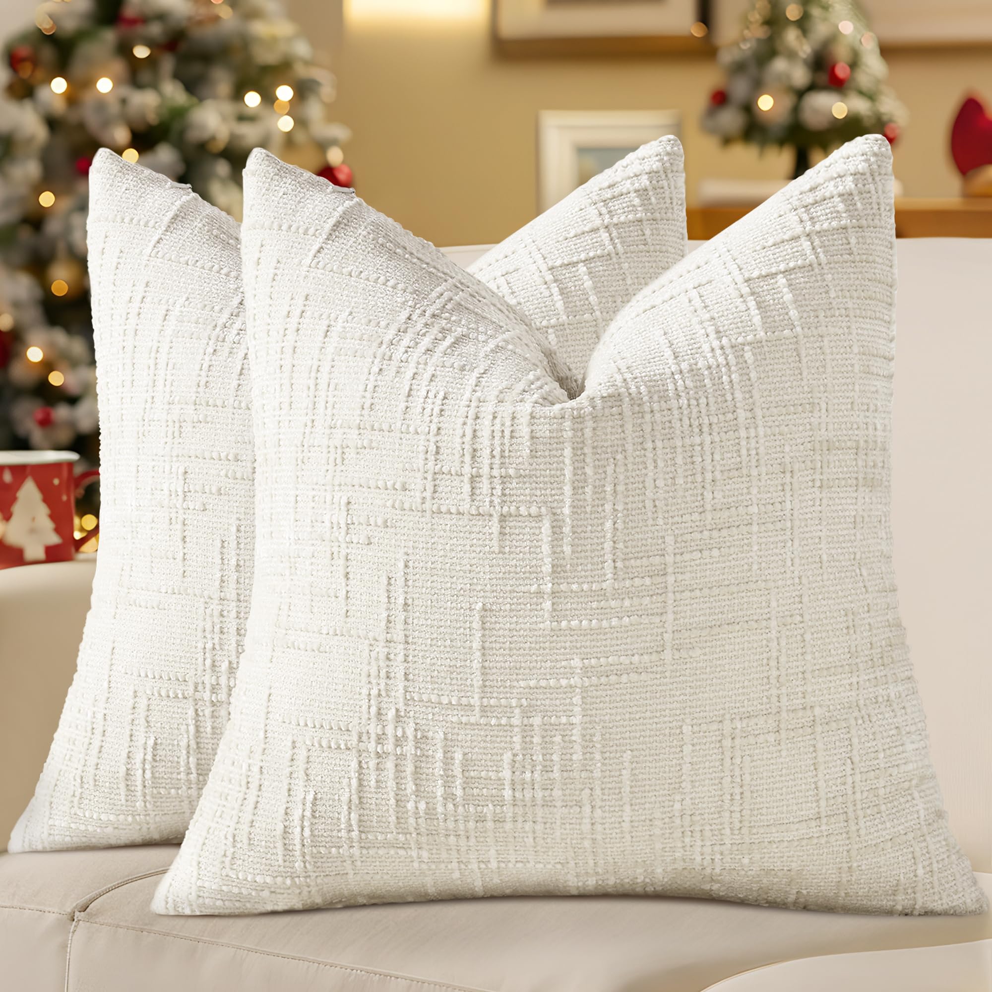 decorUhome Christmas Textured Chenille Throw Pillow Covers 20x20 Set of 2 Cream White 20' x 20' (Pack of 2)