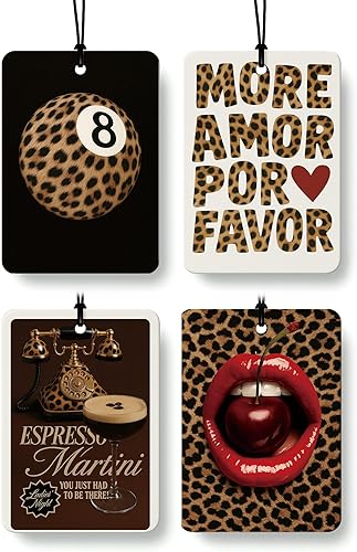 Ambientador de aire retro negro para automóvil, 4 piezas, estampado de leopardo retro con 8 bolas, labios rojos, cerezas, ambientador colgante para