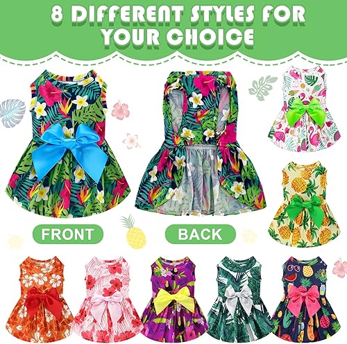 Miniatura 10 de LEIFIDE 8 piezas de vestidos para perro hawaiano temáticos de verano, vestido para perro de vacaciones, falda de flamenco, patrón floral, faldas