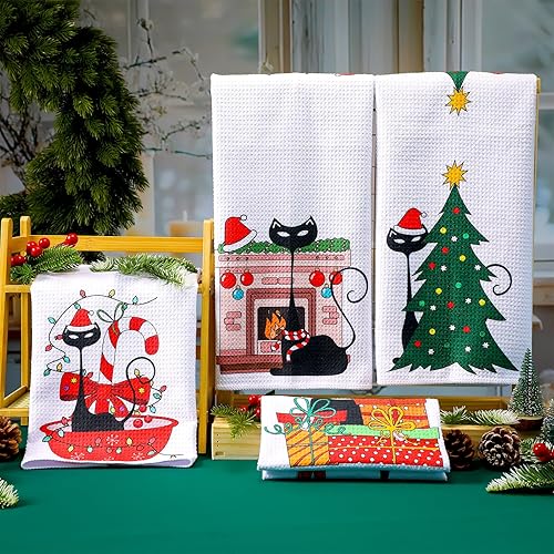 Miniatura 4 de Tudomro Juego de 4 toallas de cocina modernas de Navidad de mediados de siglo con diseño de gato negro, decorativas, 16 x 24 pulgadas, suaves,