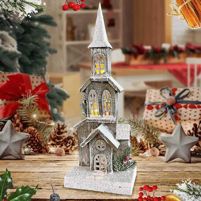 Netagon Indoor Neutral Christmas Home Decoration Snow Topped Wooden Log Cabin Wood House with Battery Powered Warm White LED Lights