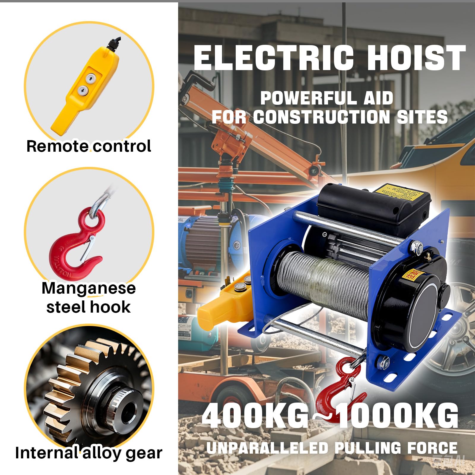Polipasto EléCtrico Cabrestante De Cable EléCtrico TraccióN del Cable del Cabrestante del Motor Capacidad De Carga 400-1000 Kg para Almacenes De Obras De ConstruccióN,800kg