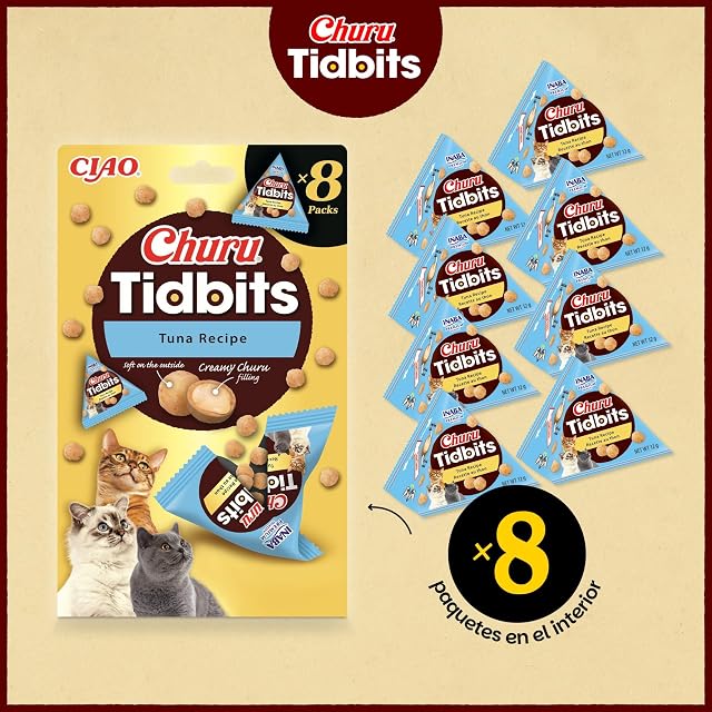 Foto 2 de 8 de INABA Churu Tidbits Gatos - Receta Saludable de Pollo con Atún y Salmón - Snack Tierno con Relleno Cremoso