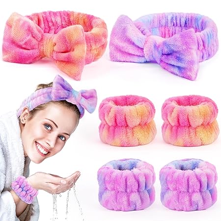 Spa Headbands for Women Stocking Stuffers: Facial Makeup Headbands for Girls & Teens - Soft Coral Fleece Elastic Hair Wraps with Wrist Accessories for Washing Face Shower Bath Beauty Skincare Gifts