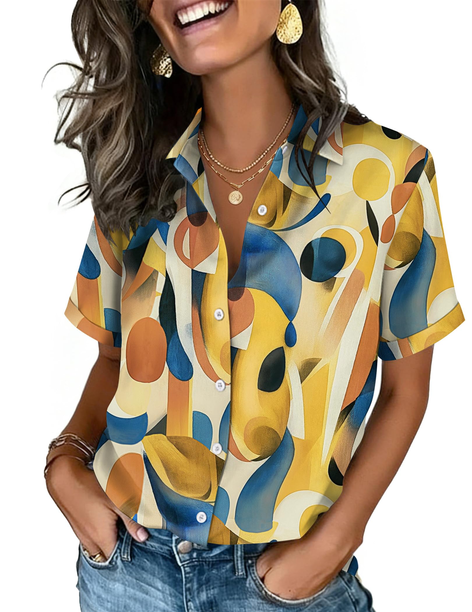 Zeagoo Tops for Women Trendy Button Down Short Sleeve Shirts Spring Dressy Casual Collared Blouses Hawaiian Outfits