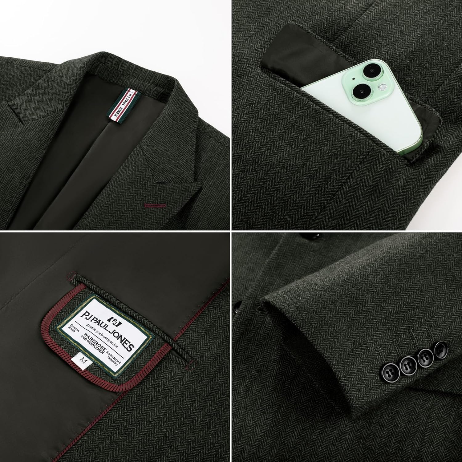 PJ PAUL JONES Mens 2 Piece Suit Vintage Herringbone Tweed Suits 2 Button Peak Lapel Blazer Pants Set - Image 5