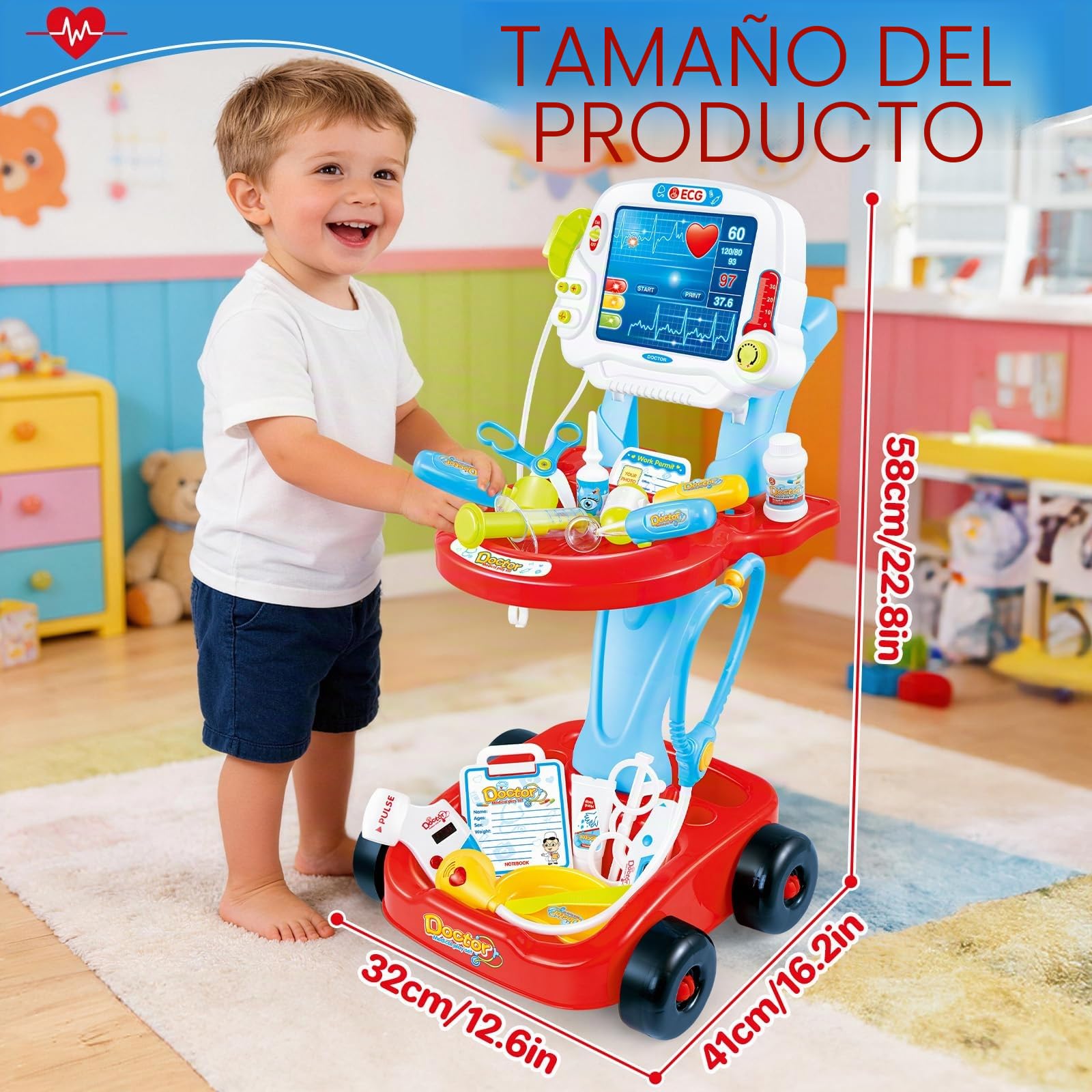 deAO Mi Pequeño Doctor Playset Centro Médico Portatil Maletín a Ruedas Juego de Imitación Incluye 24PCS Accesorios,Juguetes de Medicos con Luces y Sonido