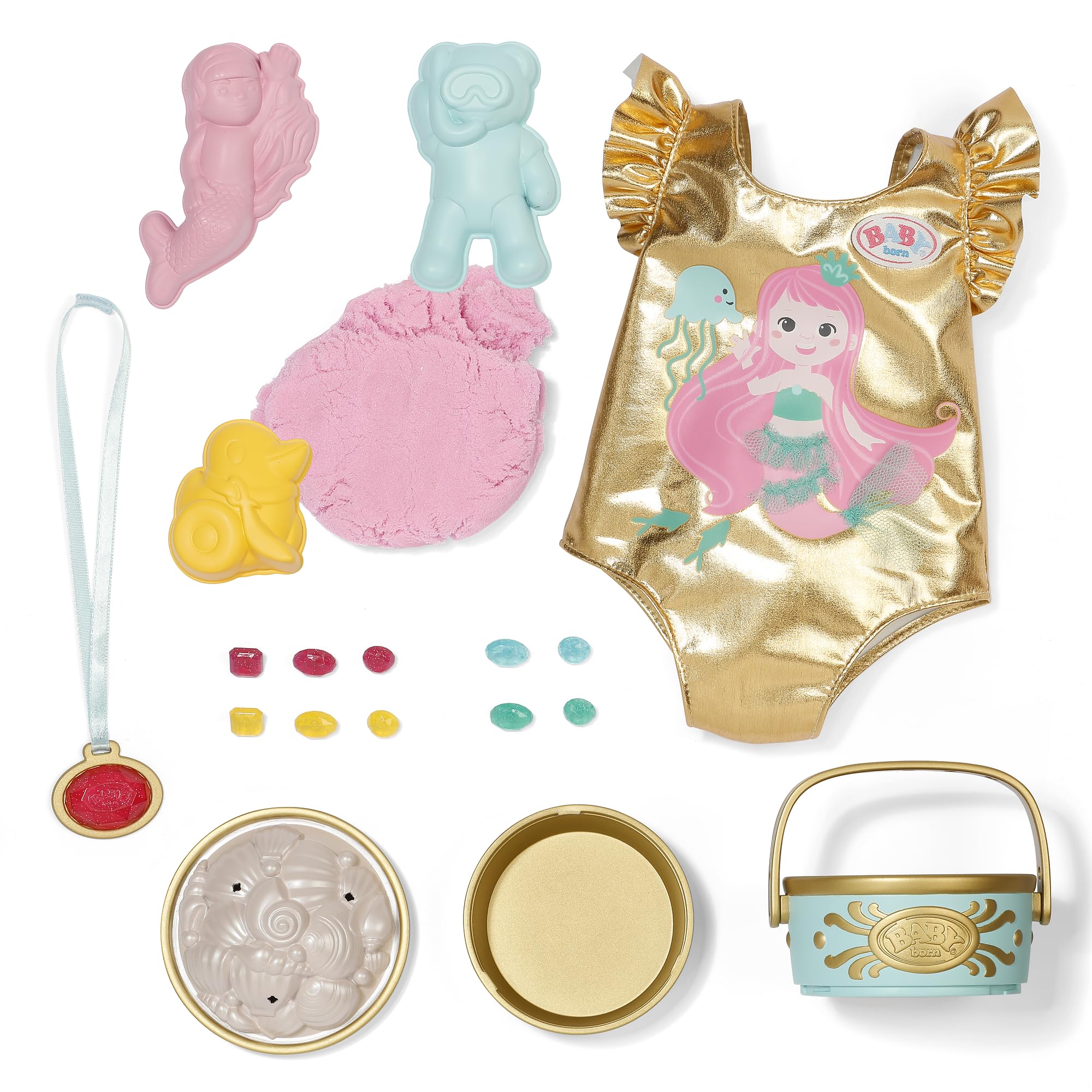 Baby born Set Sorpresa de Playa con bañador Estampado Sirena, moldes de Arena, Arena moldeable, Cubo y 5 sorpresas para muñecas de 43 cm
