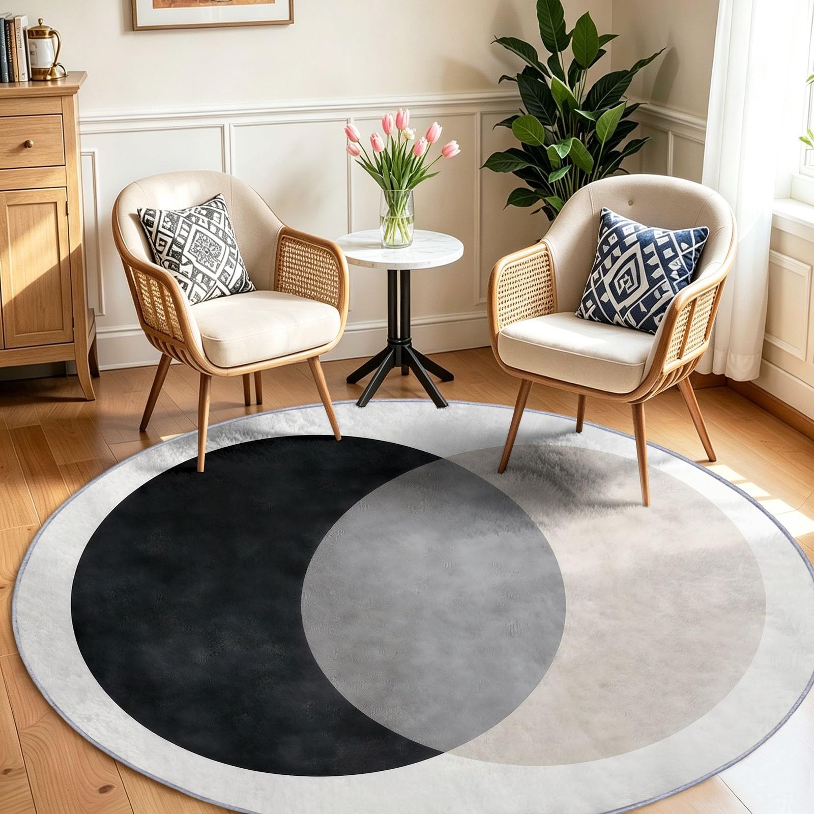 Générique Tapis Enfant Rond Chambre d'enfant Filles Garçons, Moderne Minimaliste Tapis Rond Lavable & Antidérapant pour Salon Chambre Cuisine Salle à Manger Chambre (200 cm, Cercles Noir Blanc)