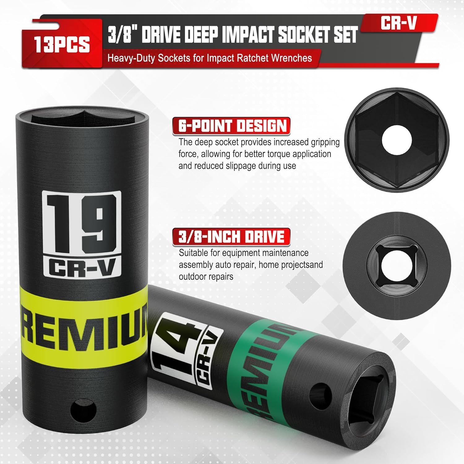 13-Piece 3/8" Drive Deep Impact Socket Set, 7-19mm, CR-V, 6 Point, Heavy-Duty Sockets for Impact Wrenches, Automotive and Home