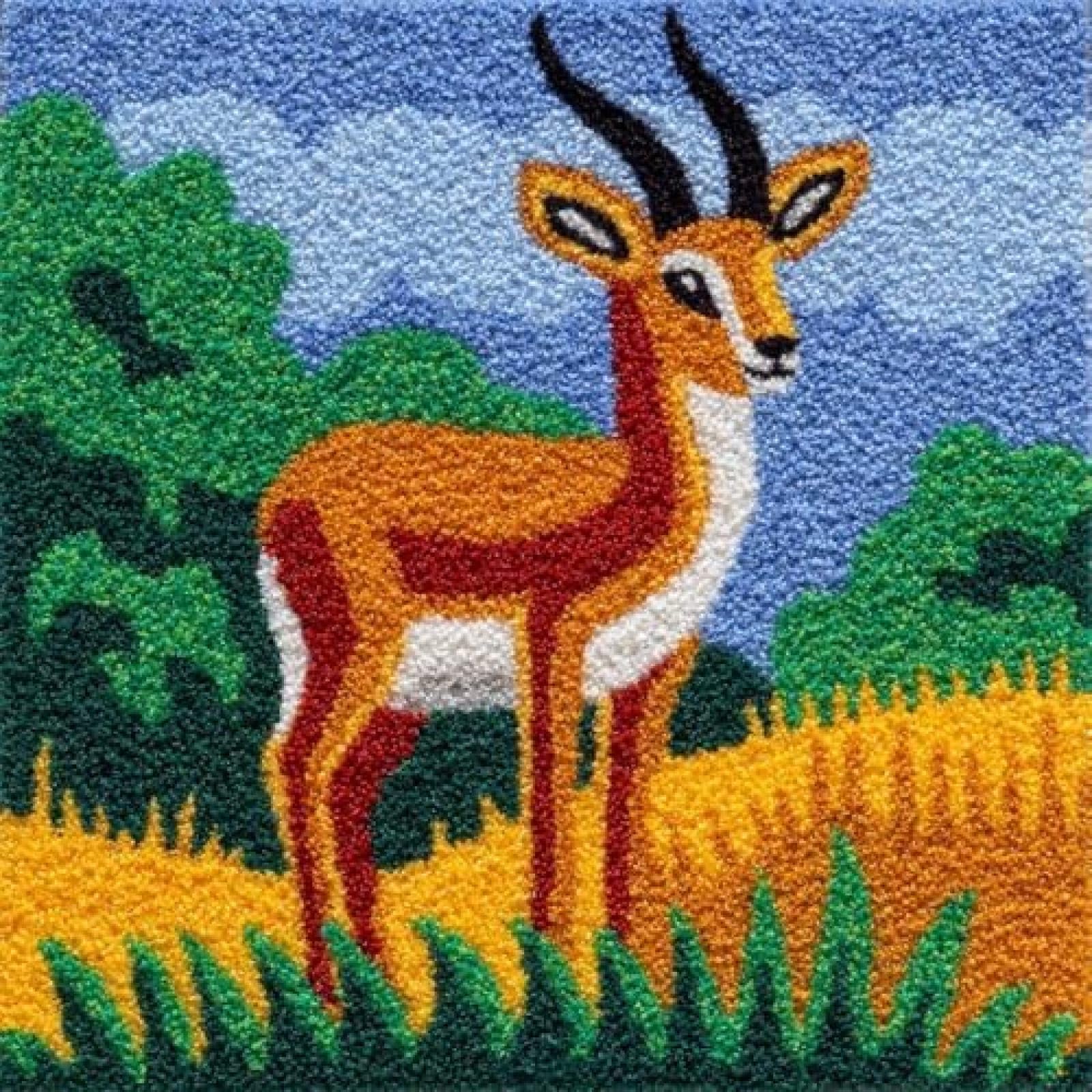 kitphoenix Latch Hook Kit for Adults,Antelope On Grassland DIY Cushion Cover,Pre-Printed Embroidery Crochet Kit for Beginners,43x43cm,Craft Gift for Women