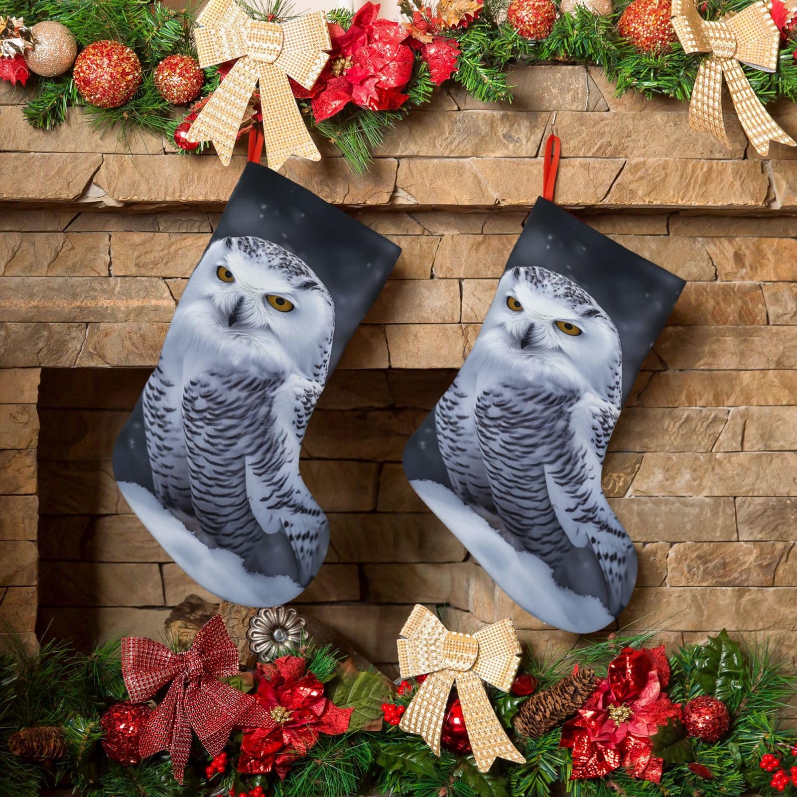 KLOPH Christmas Stockings 18" Personalized Xmas Stocking Arctic Owl Decoration Stocking Hanging Fireplace Stocking for Holiday Xmas Tree Christmas Fireplace Decor