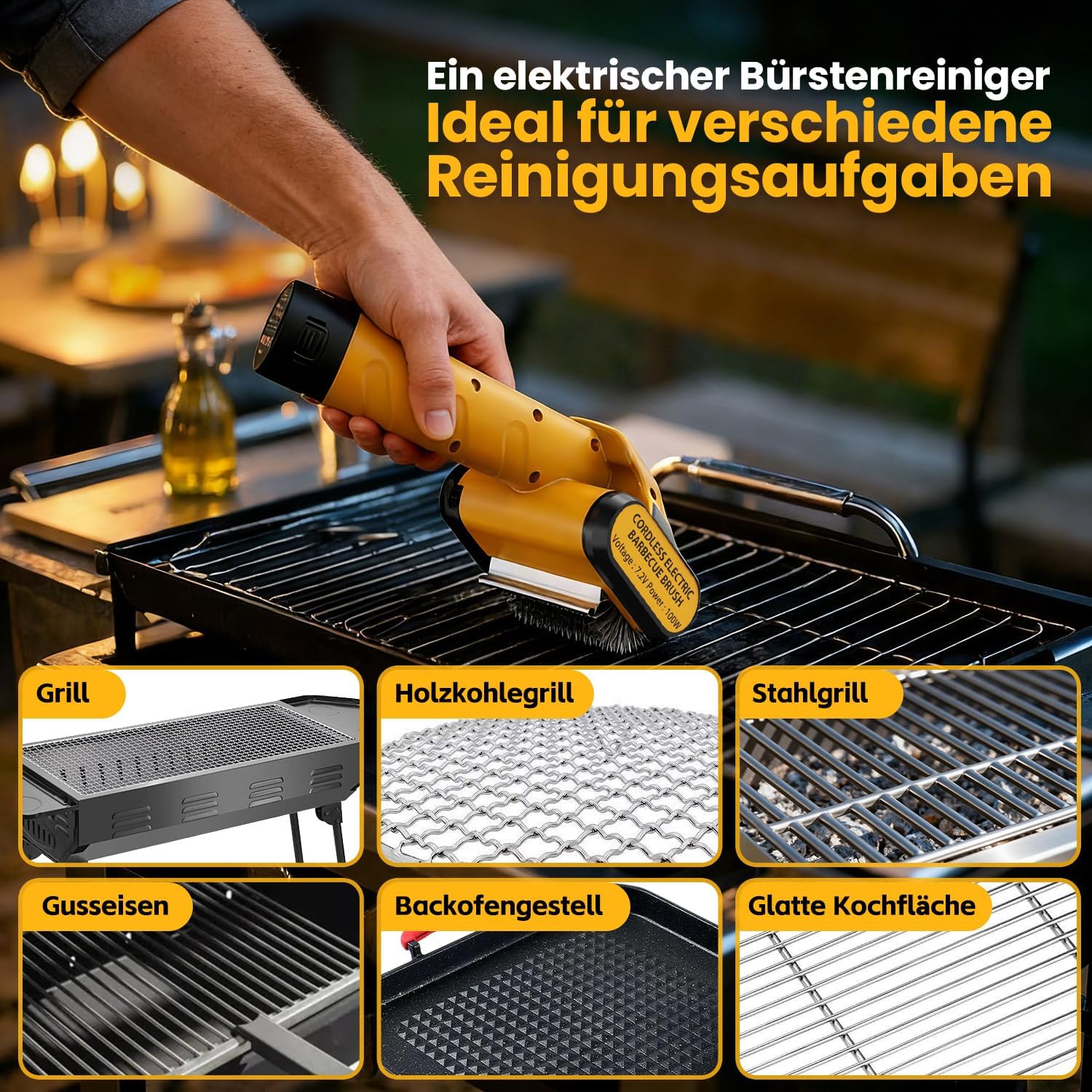 qimedo Elektrische Grillbürste BBQ Reiniger mit LED-Licht, 350 Min Laufzeit, Kabellos Grillreiniger Grill Reinigungsbürste mit 3 Stufen, für BBQ, Gussrost, Gasgrill, Elektrogrill
