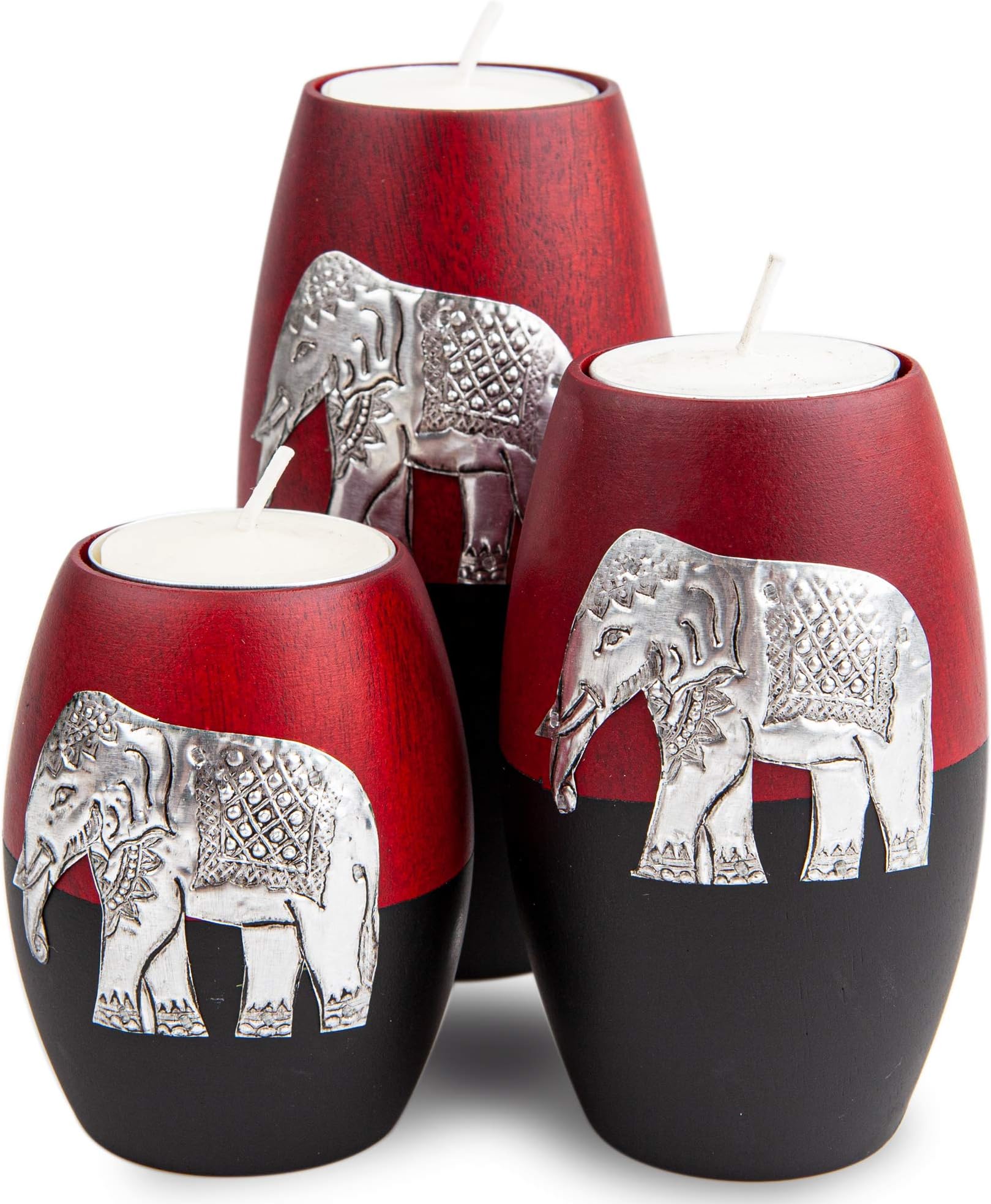 IYARA CRAFT3 Wooden Candle Holders– Decorative Candle Holders with Inlaid Aluminium Antique Elephant – Intricate Details – Matte Wood Finish – Ideal for Modern & Rustic Settings (Rugby Shape)