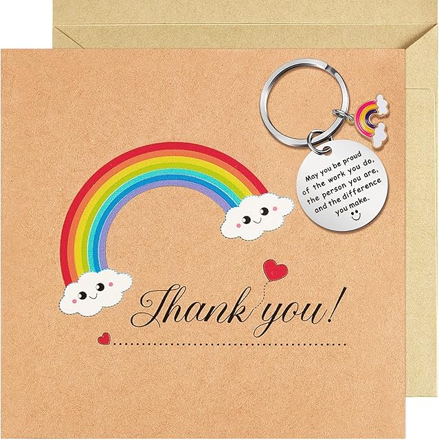 Leaving Present for Colleagues, Including Rainbow Inspirational Keyring 'May You Be Proud of The Work You Do' Keychain with Rainbow Thank You Card and Envelope for Party Birthday Wedding Christmas