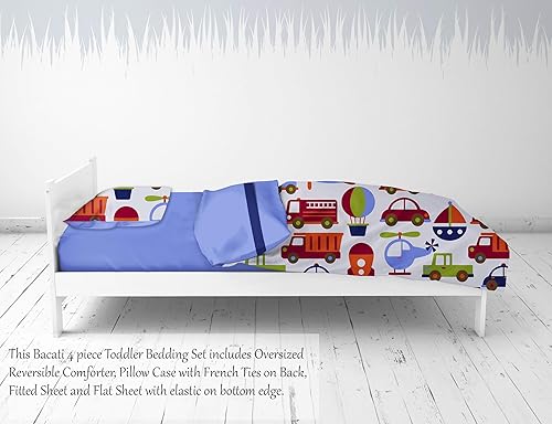 Miniatura 4 de Bacati - Juego de ropa de cama de 4 piezas azul para niños pequeños, 100% algodón, incluye edredón reversible, sábana bajera, sábana superior y