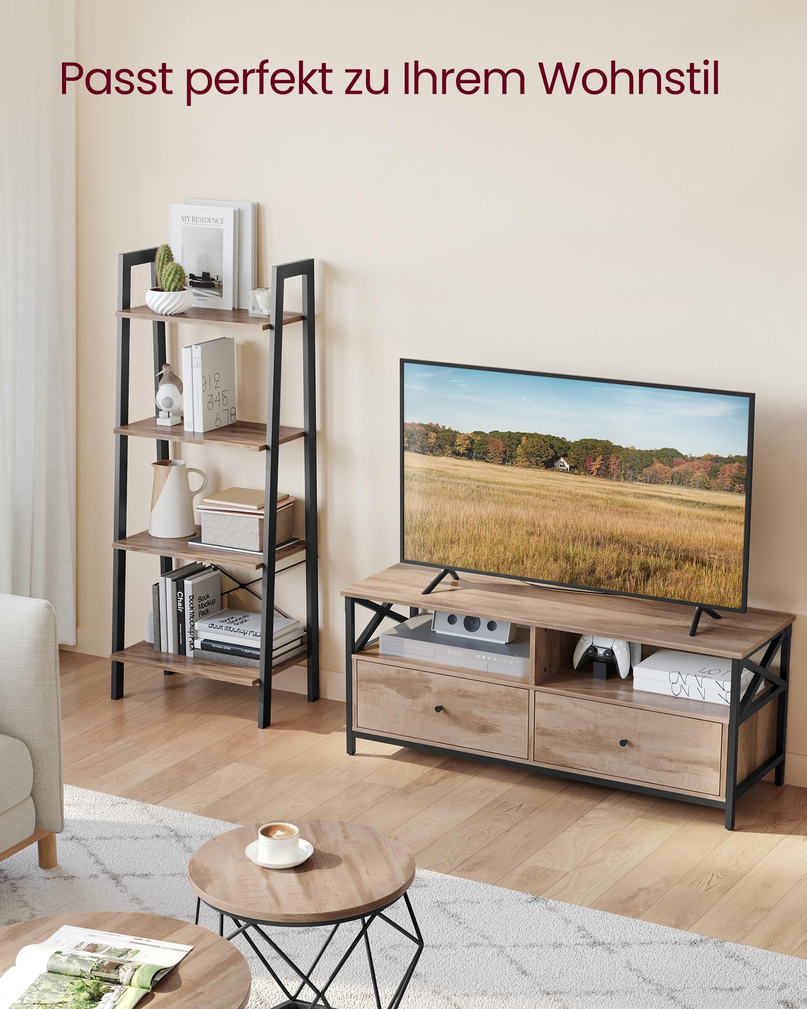 VASAGLE TV-Schrank, Lowboard für Fernseher bis zu 55 Zoll, 120 cm lang, Fernsehtisch mit 2 Schubladen, 2 offenen Fächern, 40 x 120 x 50 cm, Wohnzimmer, Stahlgestell, eichenbraun-schwarz LTV300B50