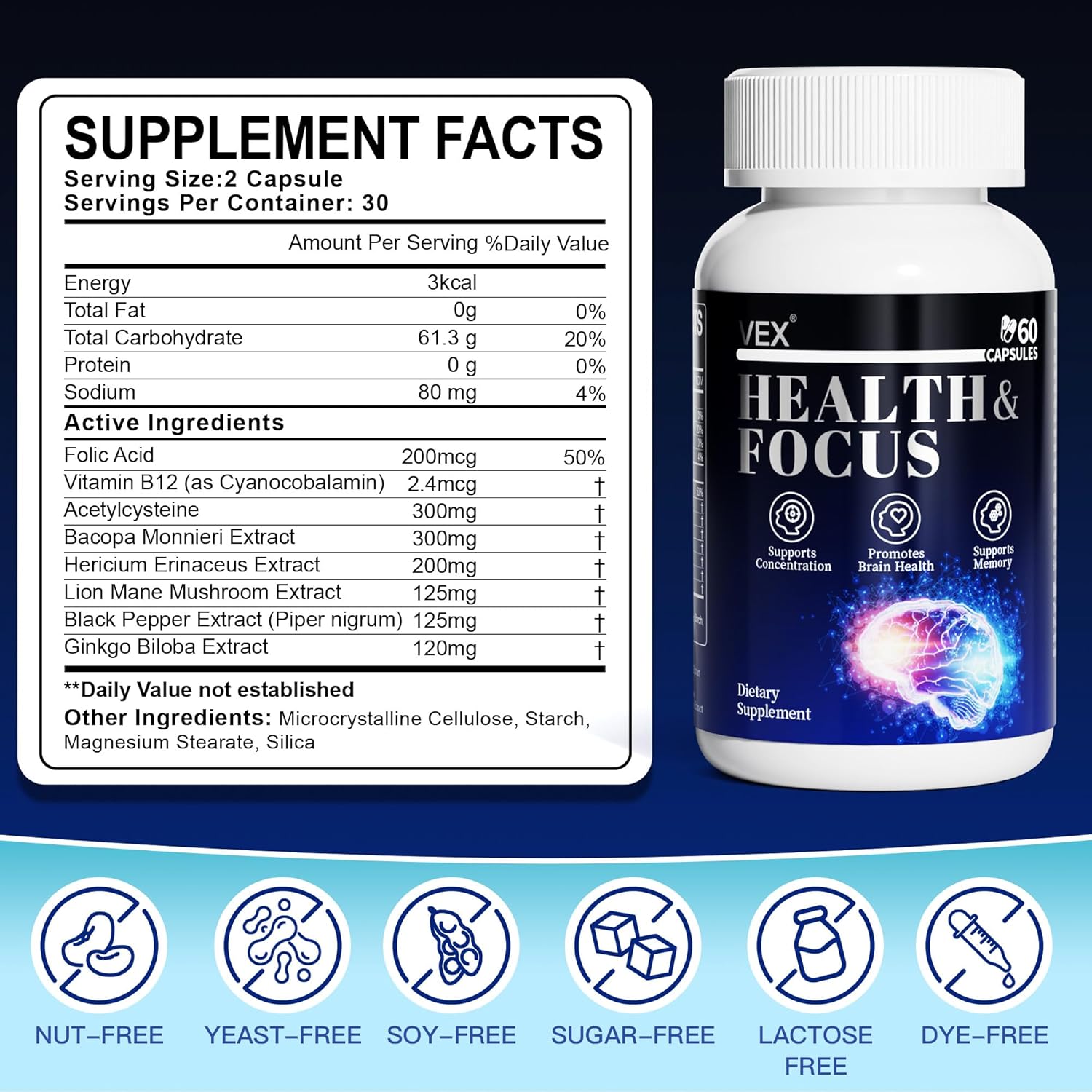 VEX Supplement – Memory & Clarity Support with Folic Acid, Vitamin B, Acetylcysteine, Bacopa Monnieri, Lion’s Mane, Ginkgo Biloba & Black Pepper – Cognitive, 60 Capsules