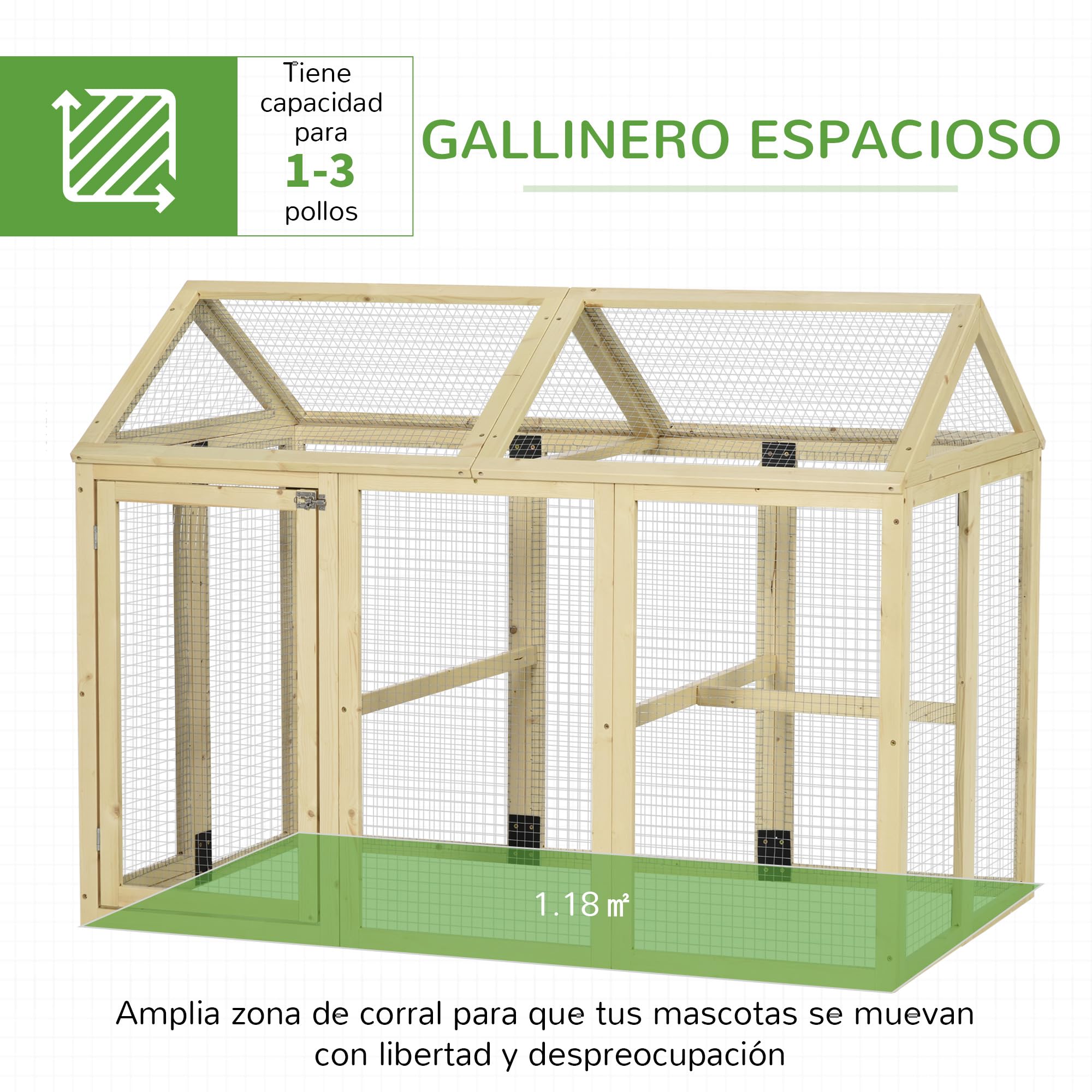PawHut Gallinero Exterior Madera 140x88,5x106 cm 1-3 Gallinas 3 Perchas 2 Puertas Cierre
