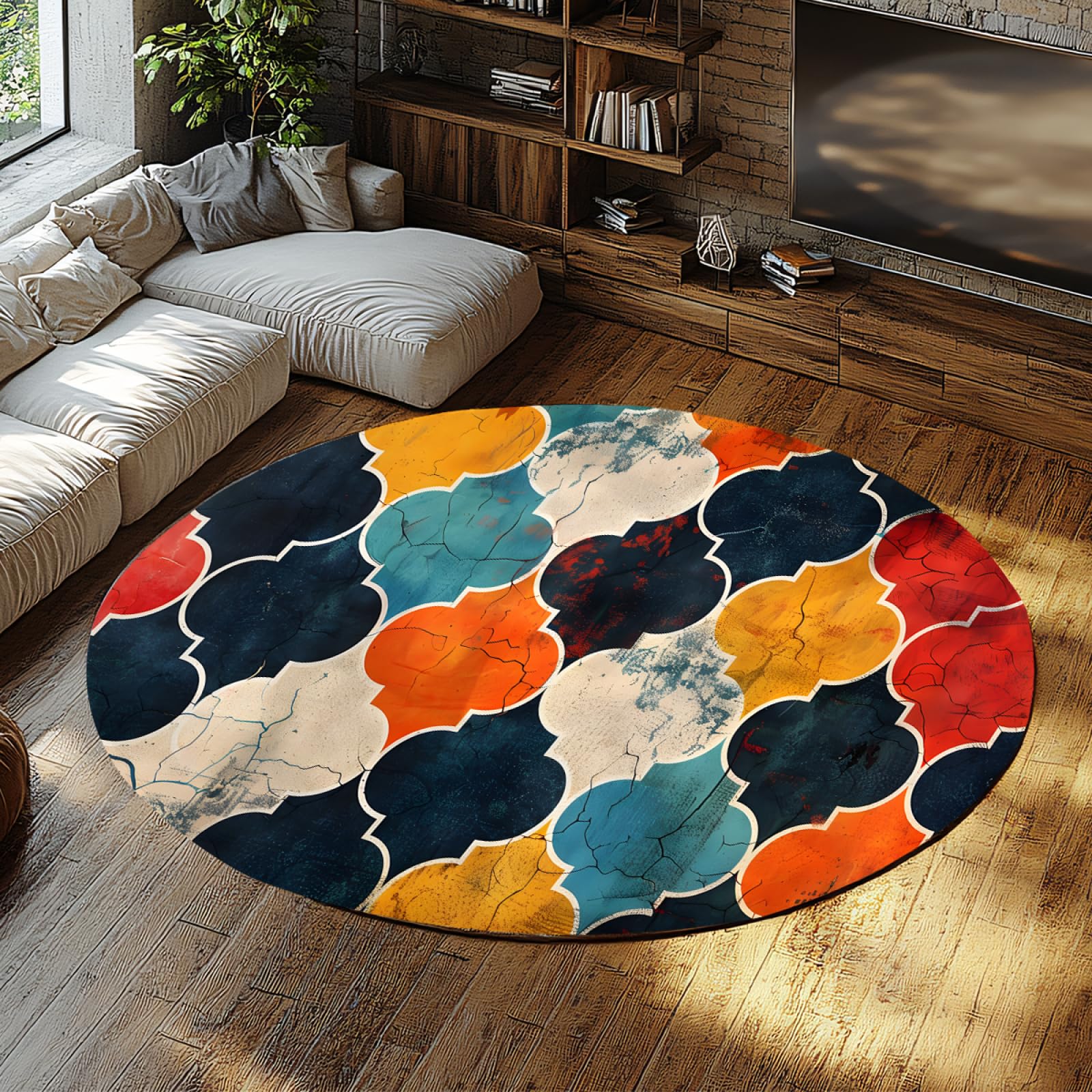 Tapis rond craquelé boho antidérapant doux 100cm multicolore