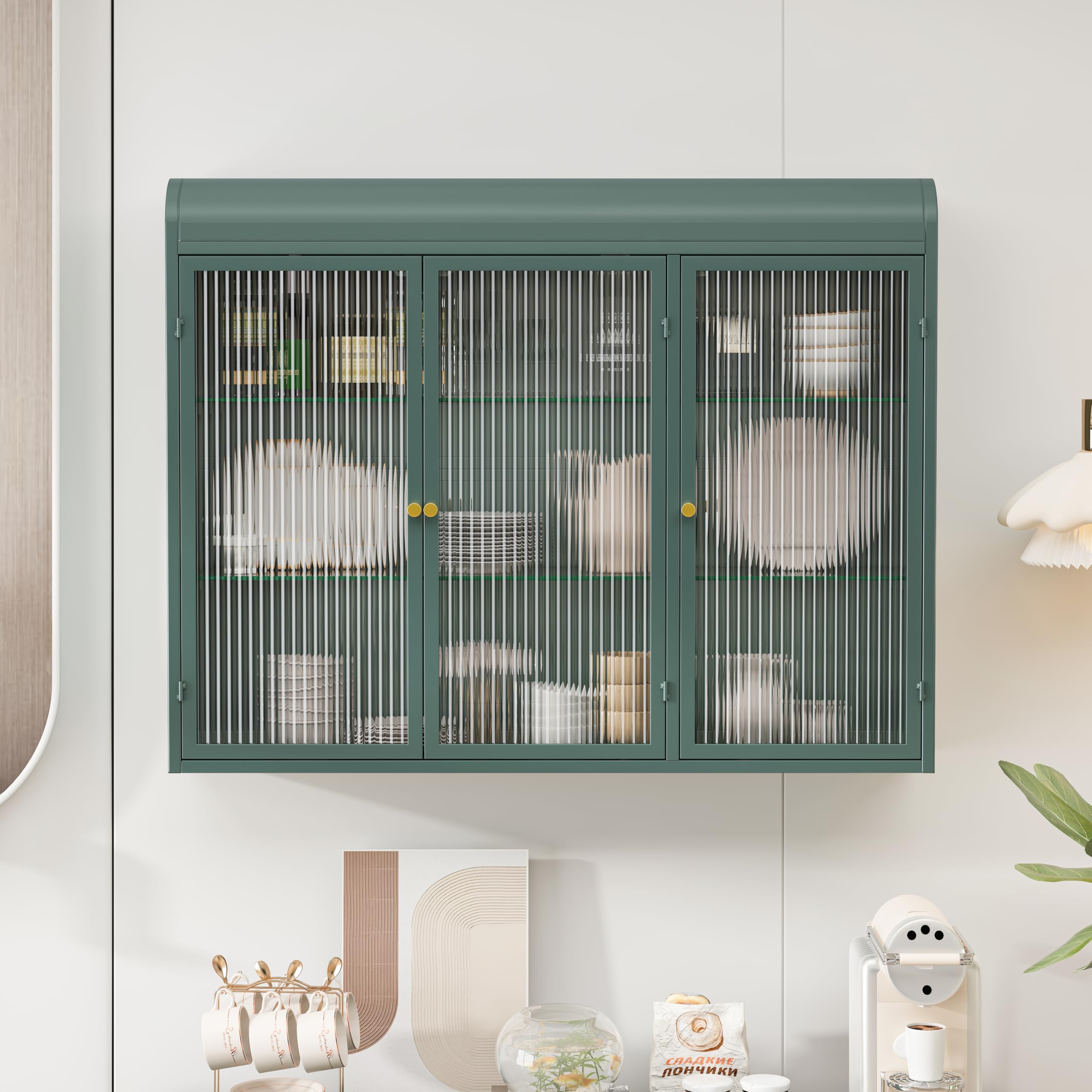 Armadio da cucina con 3 ante in vetro, vetrina sospesa a forma di arco, pensile per cucina, soggiorno e bagno (verde scuro)