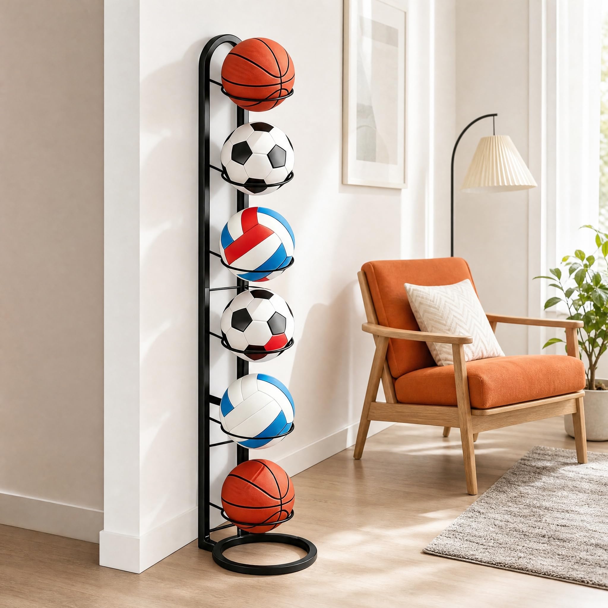 BYZESTY Support De Balle Verticale À 6 Niveaux, Support De Rangement Vertical pour Balles, Organiseur De Basket-Ball, Porte Ballon Basket, Support Ballon Foot, Verticale Support Ballon Basket