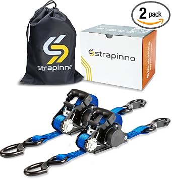 Strapinno Retractable Ratchet Straps - 1 in x 15 ft Heavy Duty Tie Downs, 3000lbs Breaking Strength, S Hooks with Safety Clip, Easily Store with AutoRetract, for Boat, ATV, Motorcycle, Cargo 2PCS