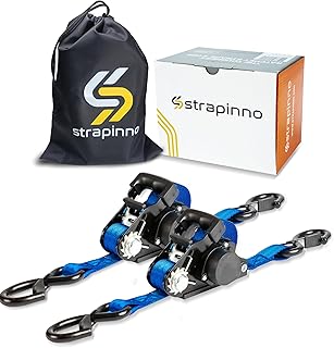 Strapinno Retractable Ratchet Straps - 1 in x 15 ft Heavy Duty Tie Downs, 3000lbs Breaking Strength, S Hooks with Safety Clip, Easily Store with AutoRetract, for Boat, ATV, Motorcycle, & Cargo (2PCS)