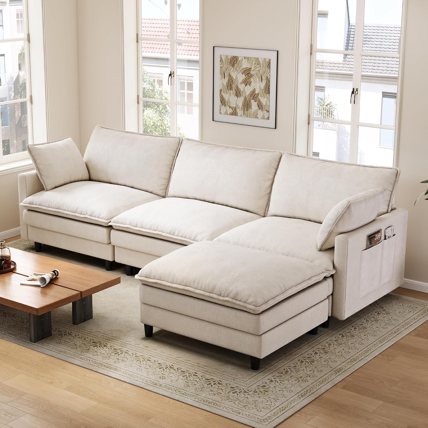 L-Shaped Modular Sectional Sofa, 3-Seater Cloud Couch with Movable Ottoman, Deep Seat Chenille Upholstery, USB & Type-C Charging, Foldable Side Table for Living Room Apartment, Beige