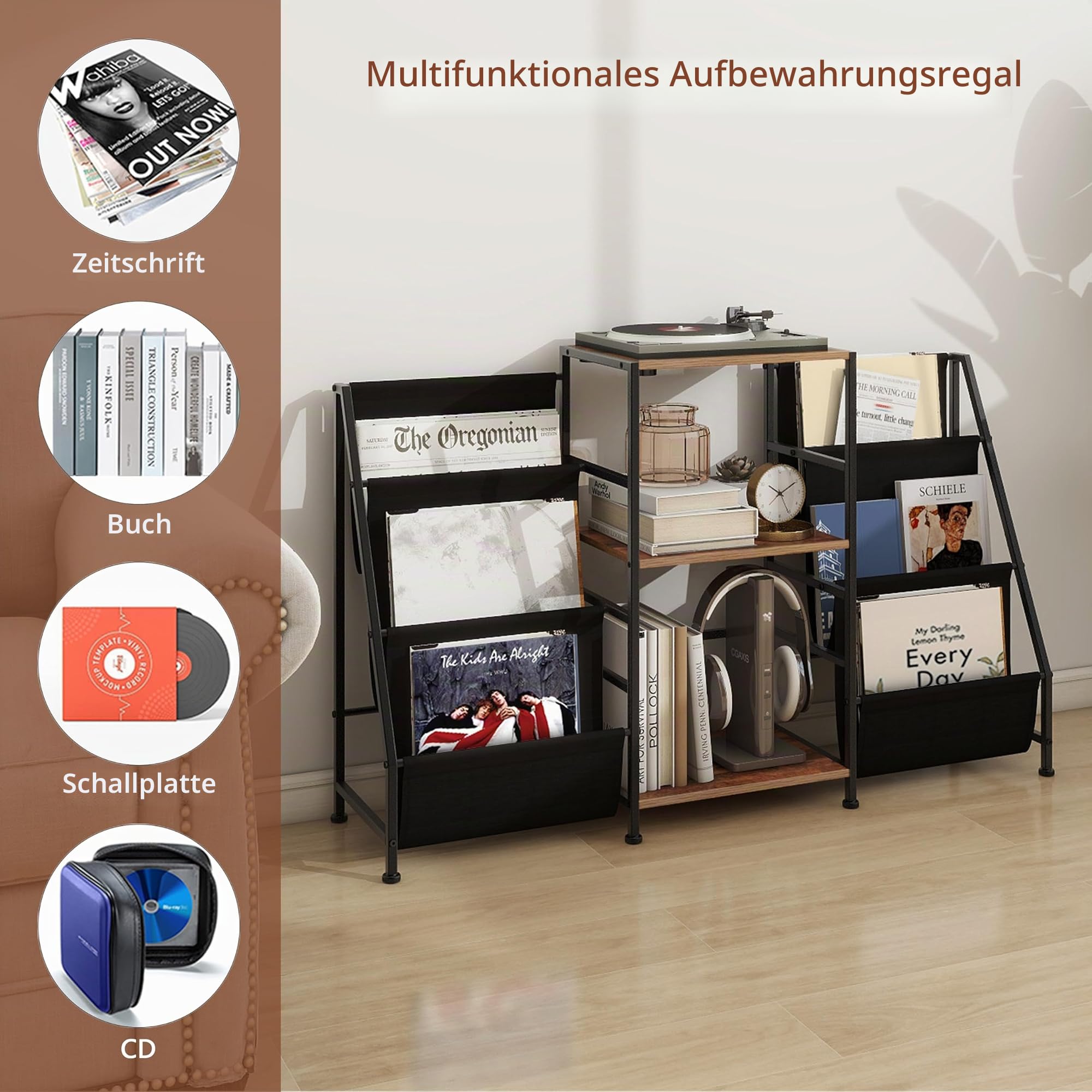 VEDECASA Bücherregal Beistelltisch mit 3-stöckiges Regal Vinyl Schallplatten Aufbewahrung Beistelltisch für Wohnzimmer Schallplattenständer Mit Vinyl Player Für Bis Zu 200 Die Alben