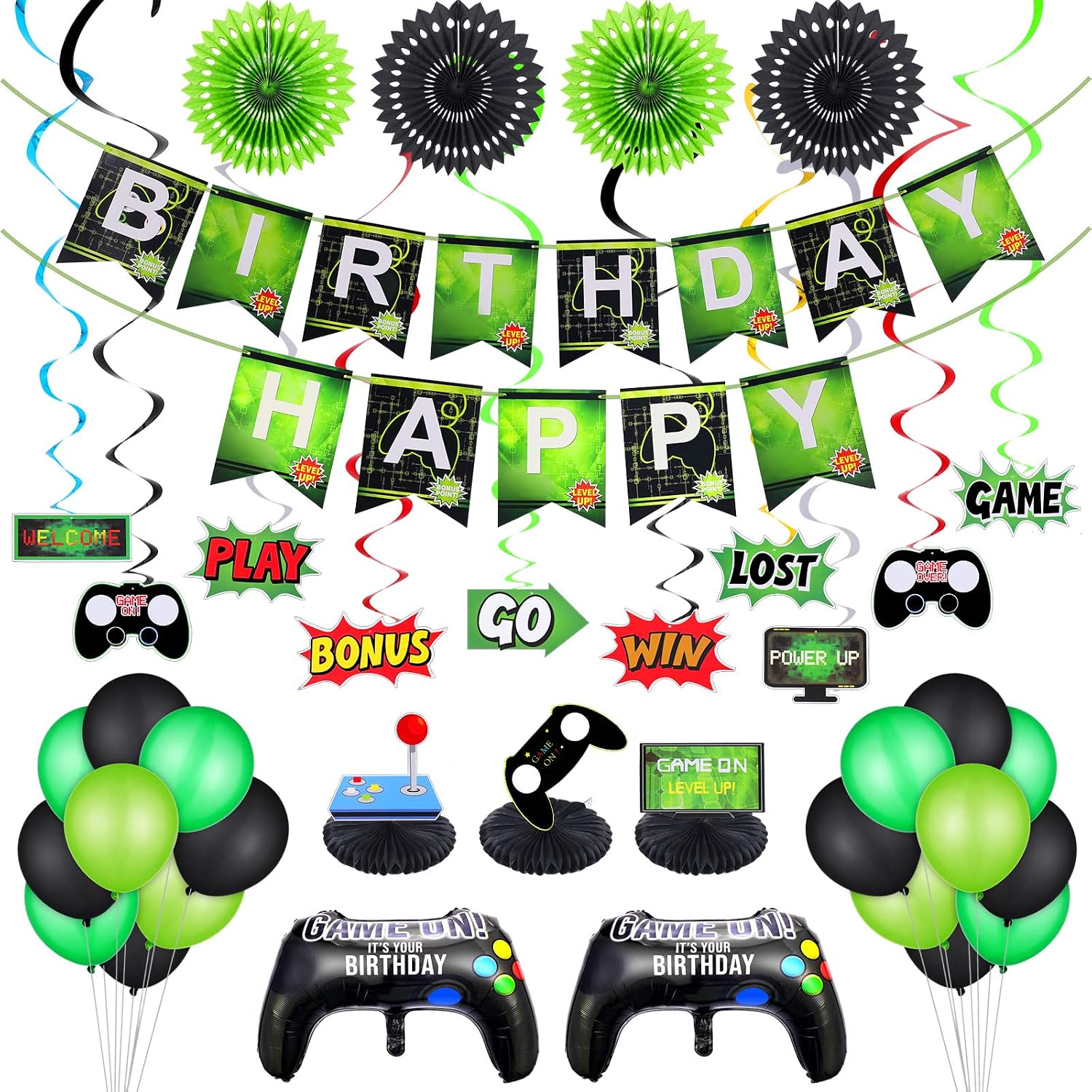 42 Pieces Video Game Party Supplies Happy Birthday Gaming Banner Hanging Paper Fans Centerpiece Table Decorations Video Game Controller Balloons Game Themed Hanging Swirls Colorful Balloons