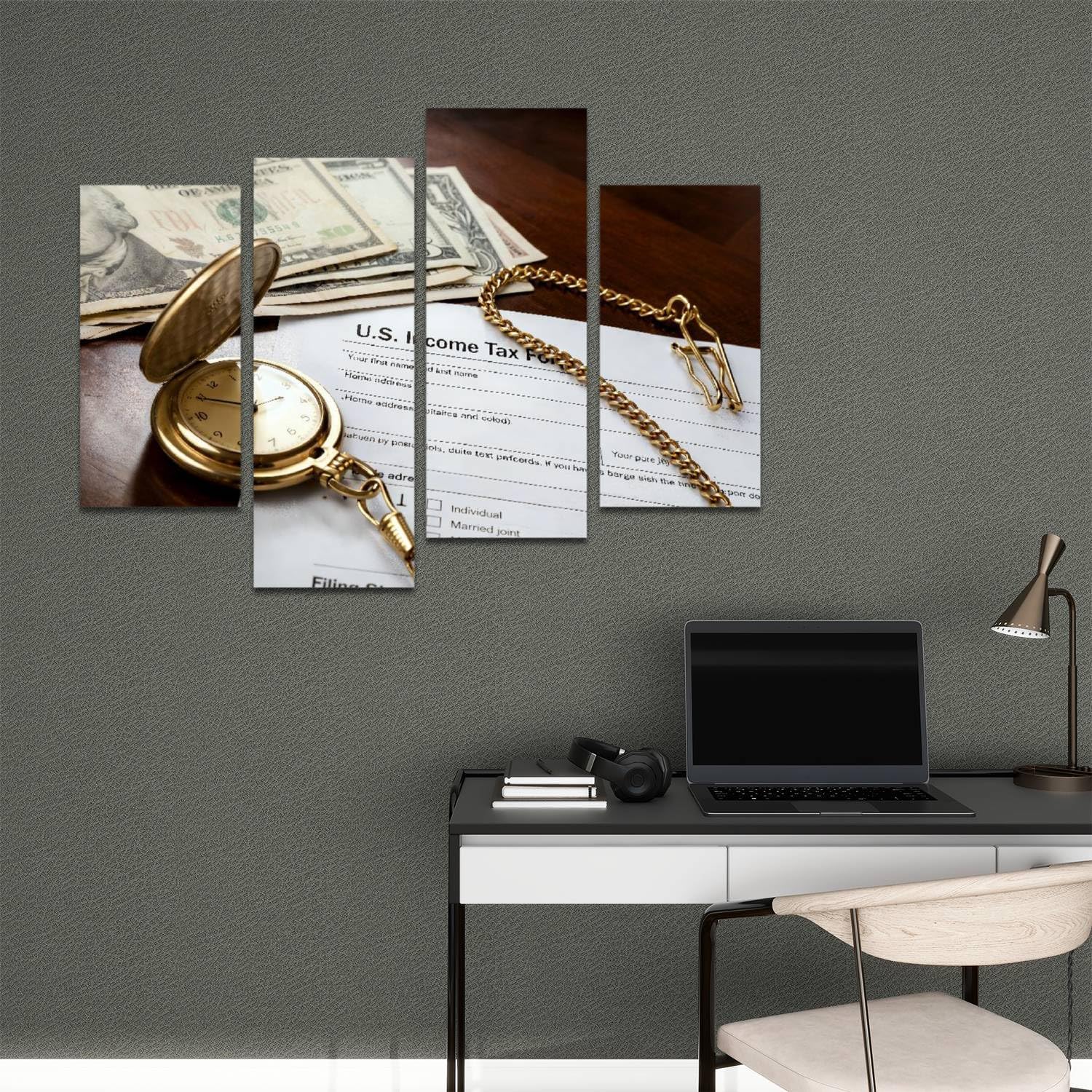 1040 Income Tax Return Form with Pocket Watch and Money Vintage Canvas Wall Art Hanging Paintings Modern Artwork Abstract Picture Prints Home Decoration Gift Unique Designed Framed 4 Panel