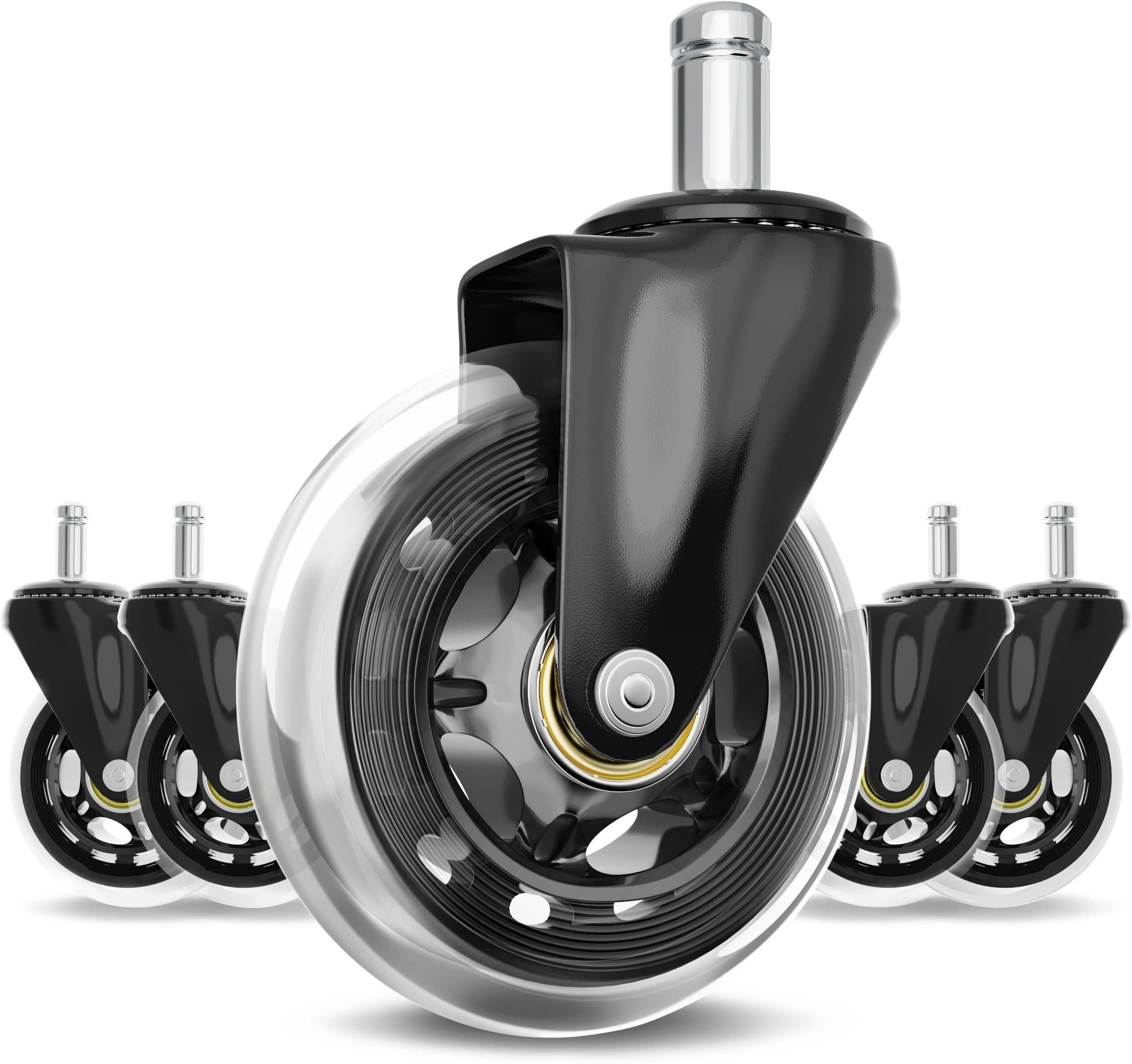 Houseables Office Chair Wheels, Rollerblade Casters, Roller Blade Wheel, 5 Pk, 3”, Rubber, Polyurethane, Rolling Chairs, Furniture Replacement Accessories, for Gaming, Desk, Hardwood Floors, Carpet