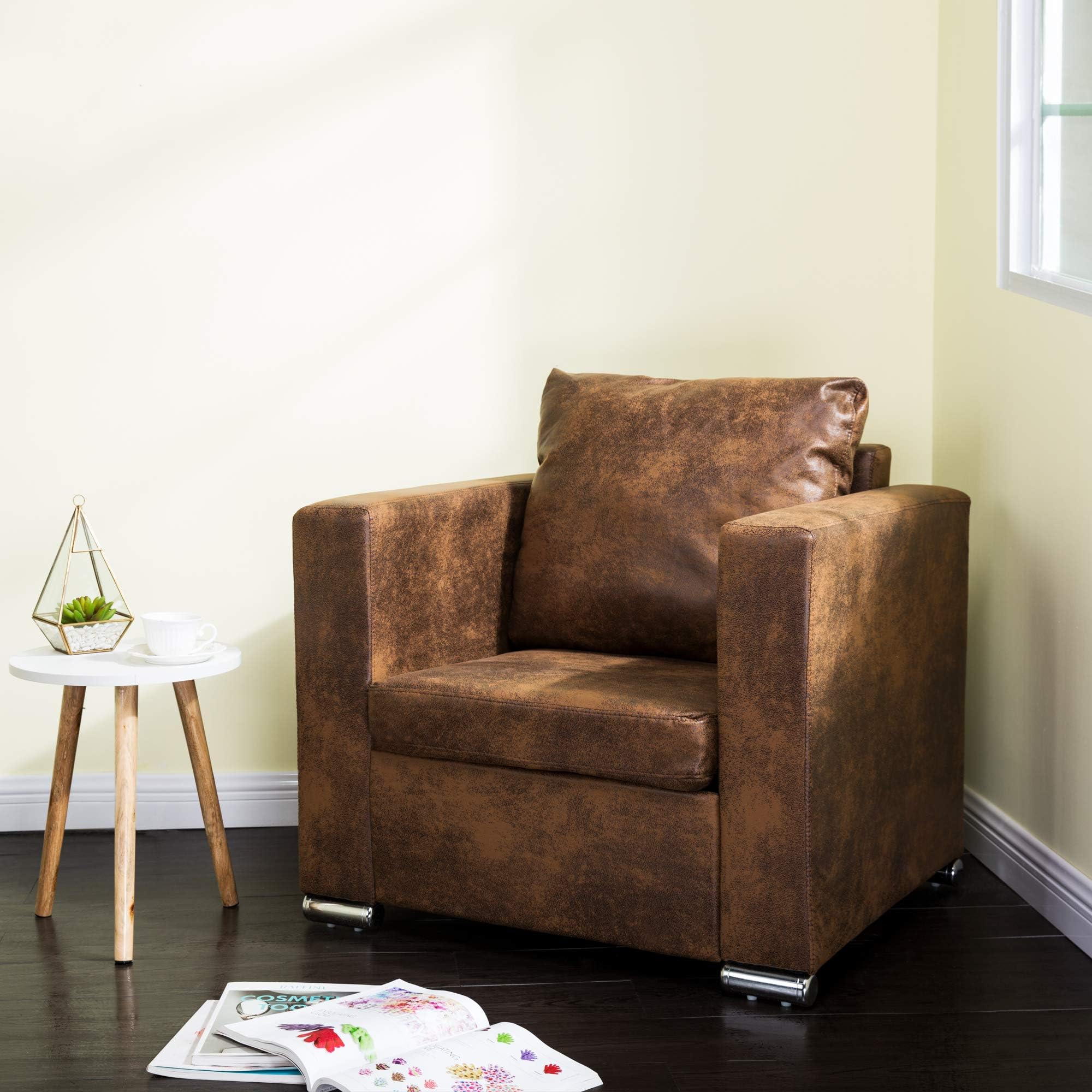 Homevibes Accent Chair PU Leather Reading Chair Upholstered Arm Chair Mid Century Modern Chair Comfy Single Sofa Comfortable Soft Leisure Sytlish Club Chair for Bedroom Living Room Home Office, Brown