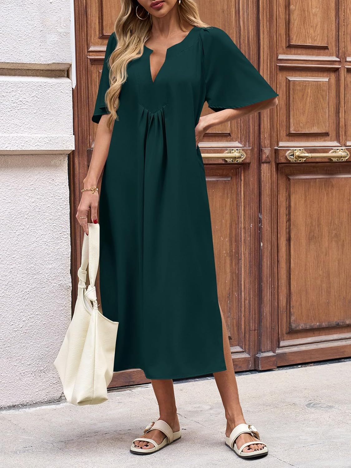 Wenrine Womens Flutter Short Sleeve Maxi Dress Casual V Neck Side Slit Pleated Loose Flowy Summer Dresses - Image 3