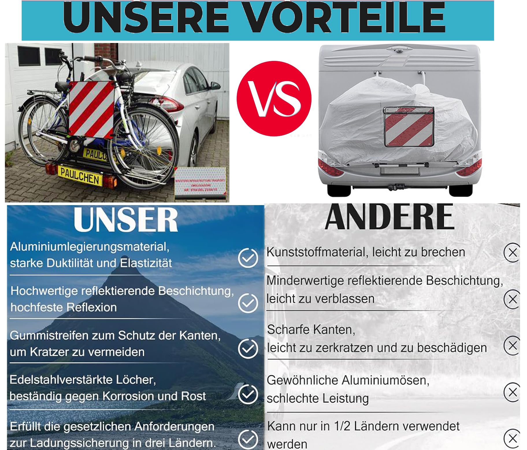 Warntafel Italien Spanien und Portugal Fahrradträger,3 In 1 Alu Reflektierend Warnschild(50 x 50 cm) mit 4X Spannseile,Zertifizierte für Fahrradträger Heckträger & Auto Wohnmobil