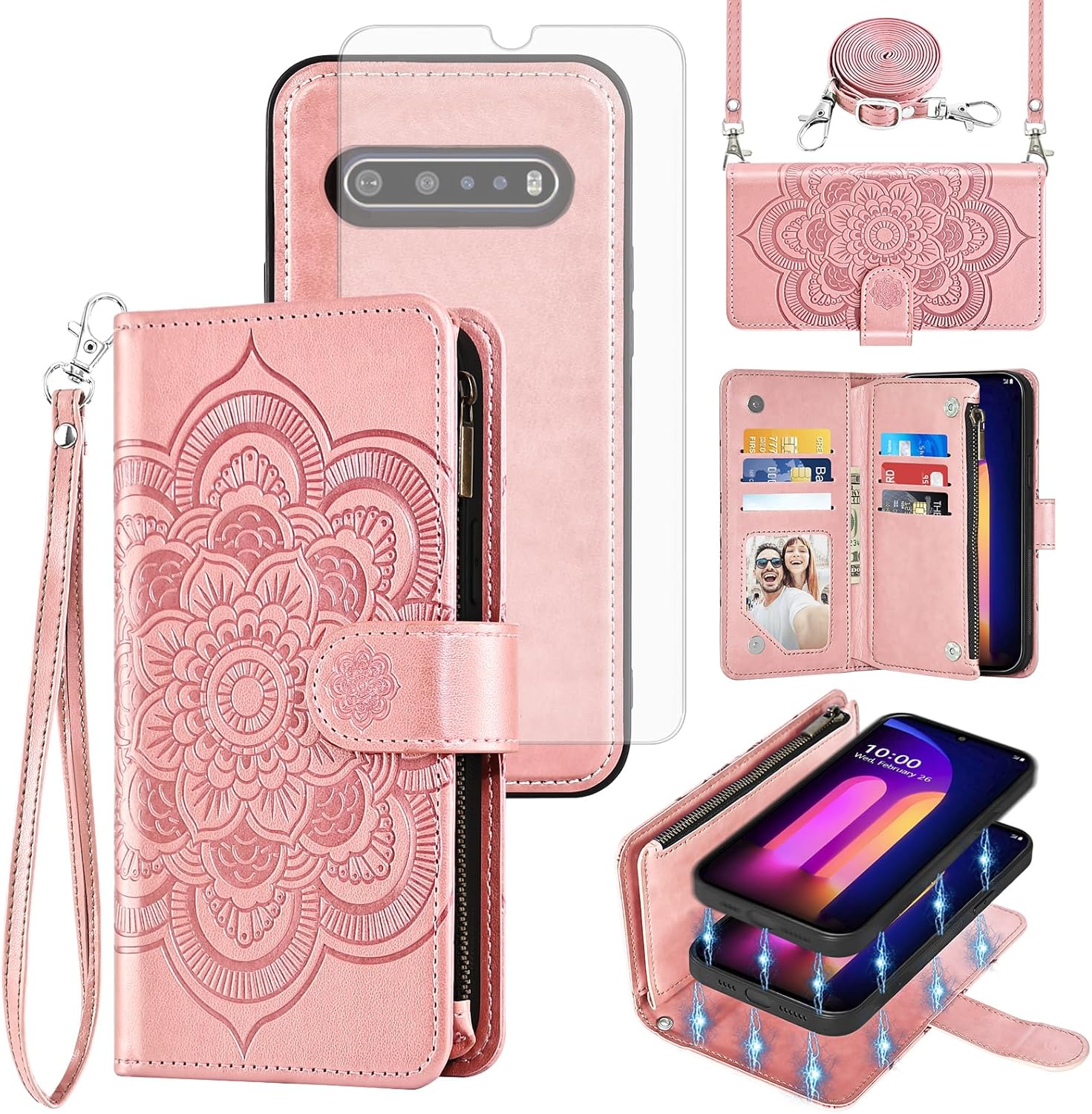 Asuwish Phone Case for LG V60 ThinQ V60ThinQ 5G G9 Thin Q Zipper Wallet Cell Cover with Tempered Glass Screen Protector Crossbody Strap Flower Card Holder LGV60 V 60 60ThinQ 60V Women Girls Rose Gold