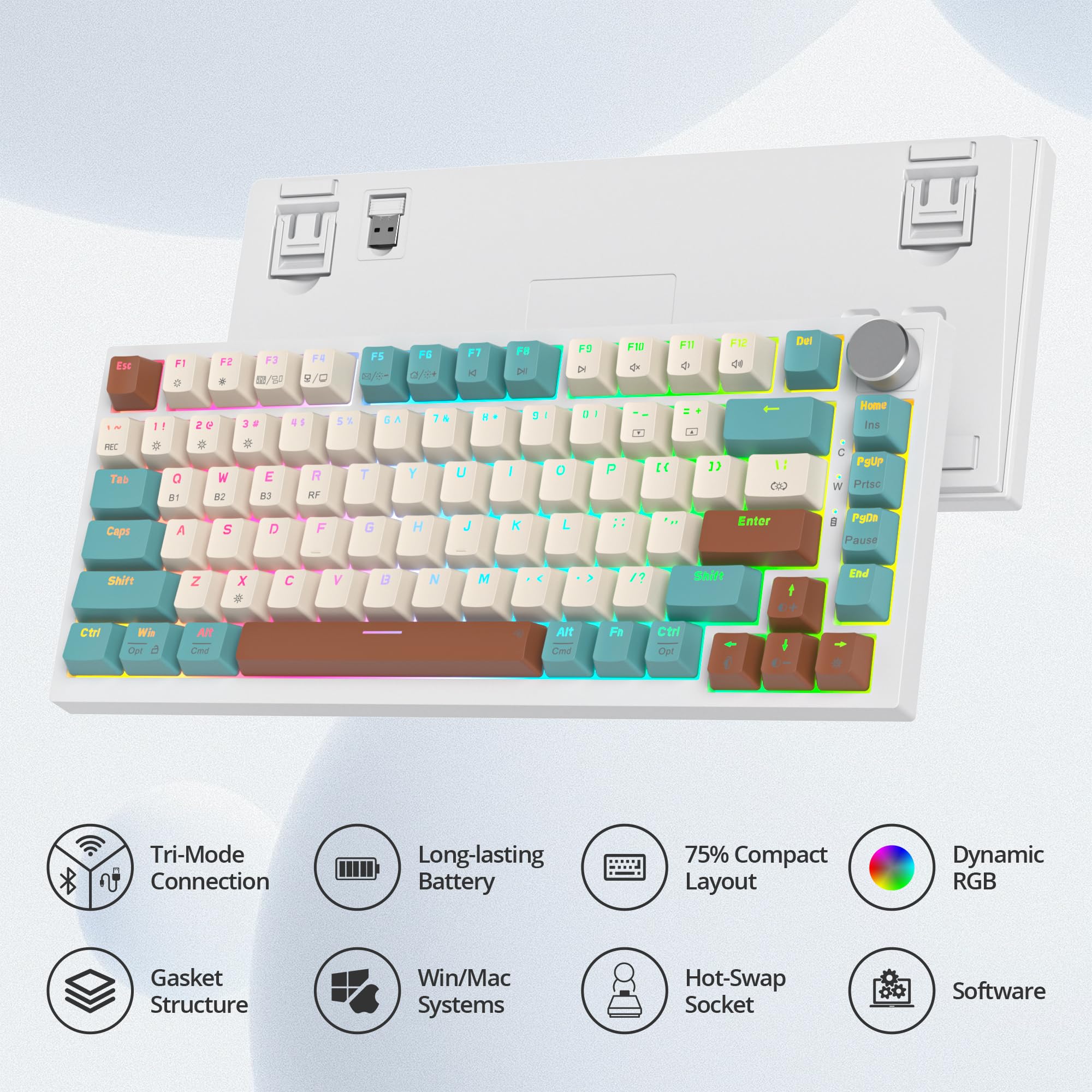 SOLIDEE tastiera gaming meccanica 75 percento con manopola,Bluetooth 5.0/2.4GHz/USB-C tastiera meccanica gasket,tastiera hot swappable,RGB Retroilluminata per Win Mac,Cream Grey Switch(82 Brown)