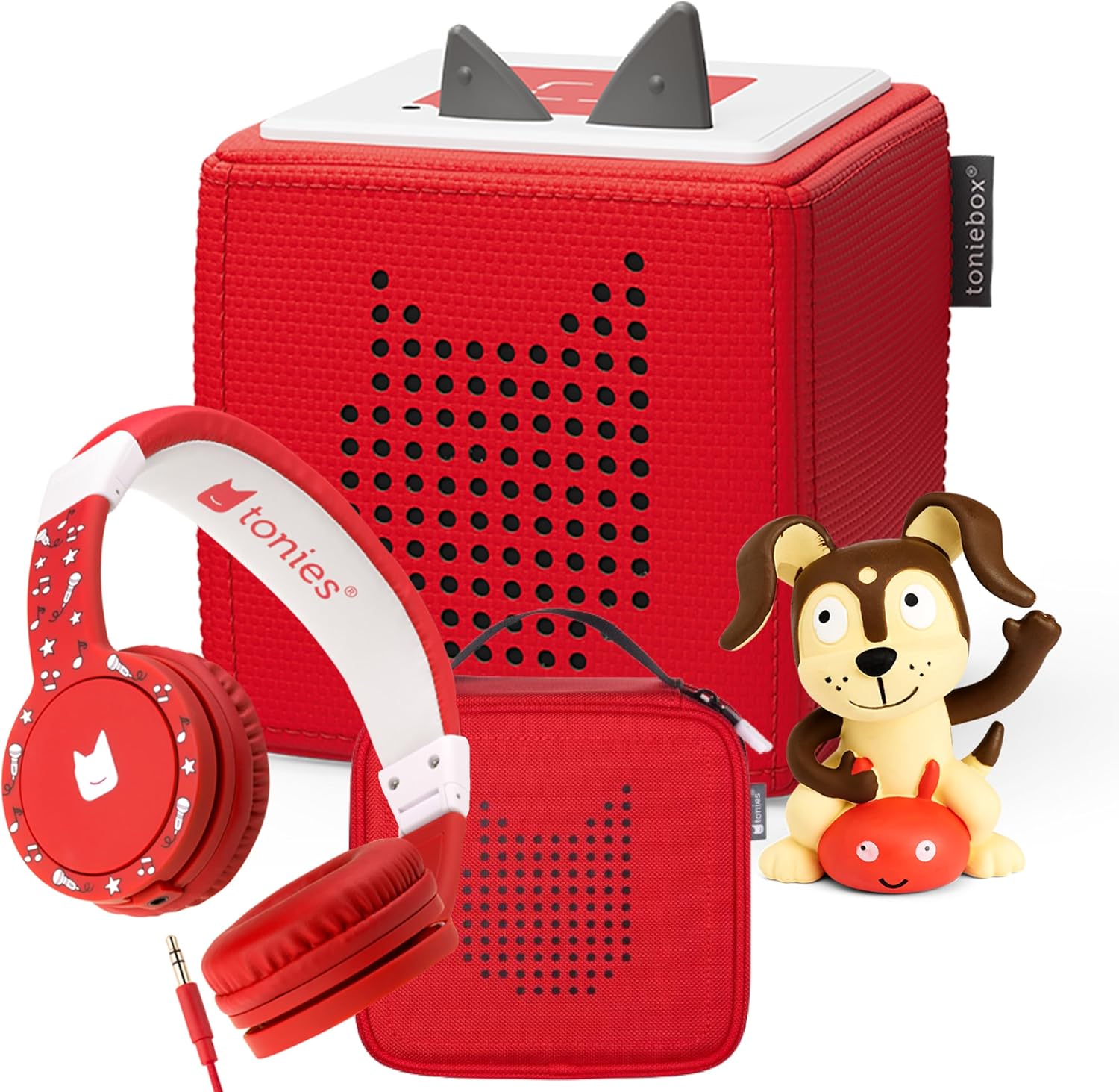 Toniebox 1 Audio Player Bundle with Playtime Puppy, Headphones, and Carrying Case - Red