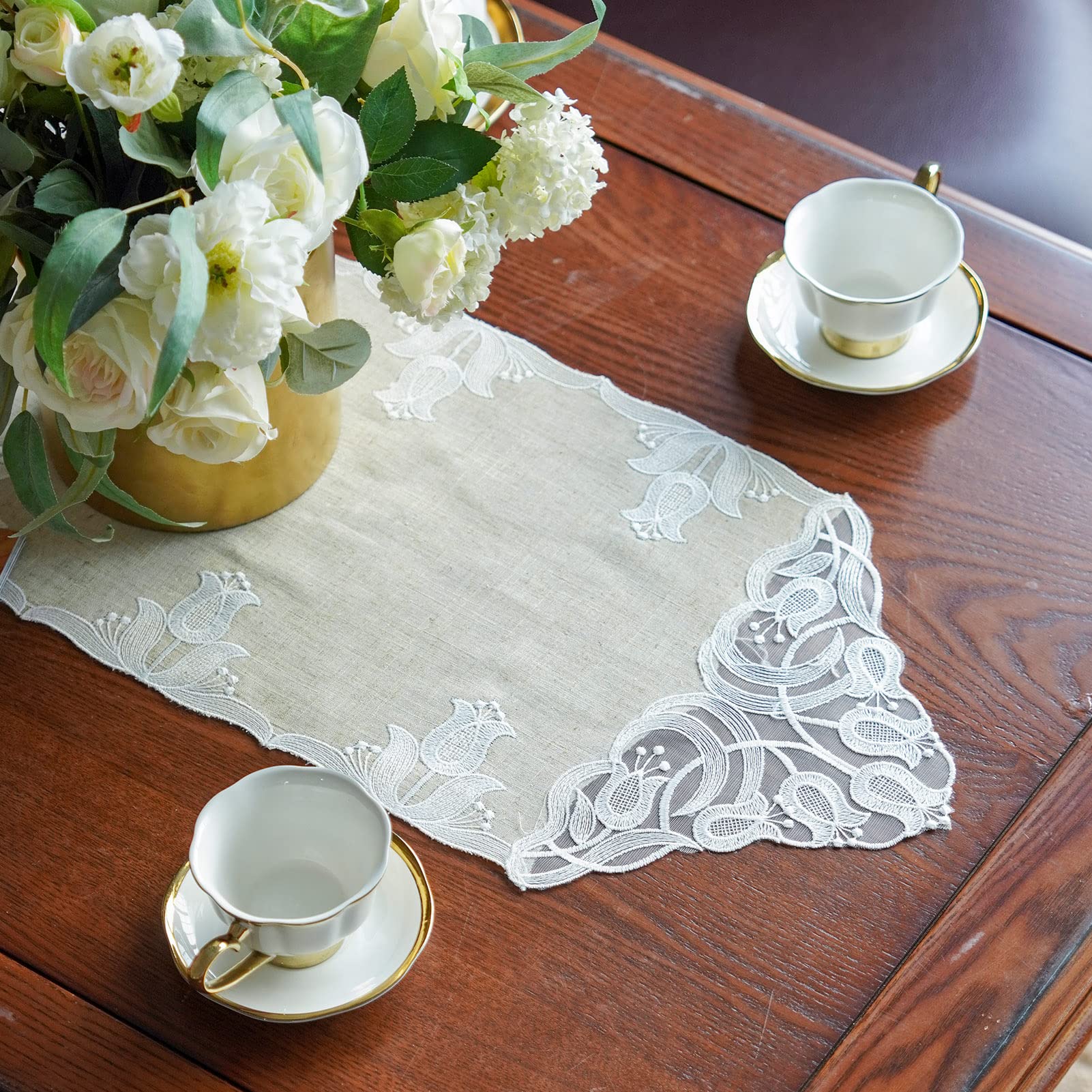 ARTABLE Beige Lace Table Runner - 12x48 Inch, Macrame Vintage Flower Design, Polyester For Dining & Weddings
