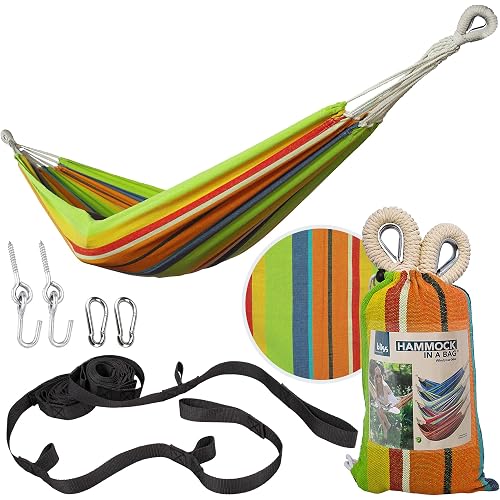 Bliss Hammocks 40" W Single Outdoor Hammock with Universal Multi-Loop Suspension with "S" Hooks, Durable, Cotton/Polyester, 220 Lbs Capacity, Guacamole Stripe