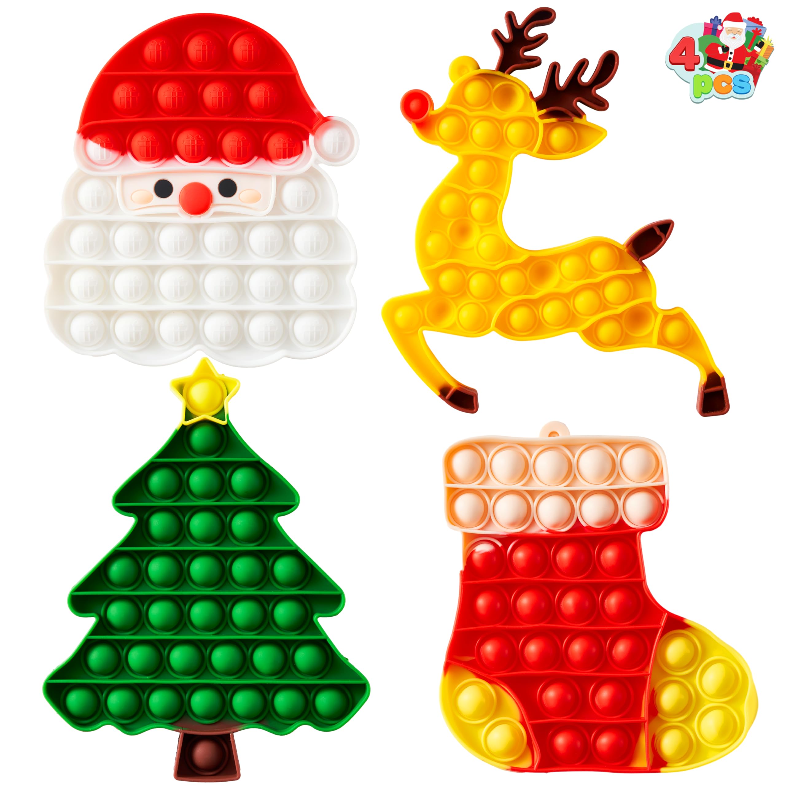 JOYIN 4 PCS Christmas Pop Stress Toy, Xmas Pop Game, Party Favors for Kids, Squeeze Bubble Christmas Goodies Bag Fillers for Children Adults Anxiety Stress Reliever Office Desk