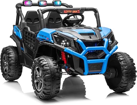 Joyracer 4WD 24 V Ride on Toys UTV with 2 XL Seaters, 4 * 200W Motor Kid Electric Power Car Wheels with Remote Control, LED Lights, Spring Suspension, 3 Speeds, Bluetooth Music, Blue