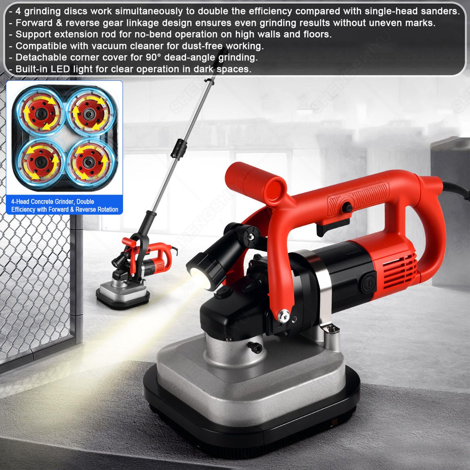 Lijadora Pared y Techo con Varilla Extensible de Acero Inoxidable y Luz LED,3600W Lijadora Suelo Parquet,6 Velocidades 600~3000rpm,4 Discos de Molienda con Rotación Doble Sentido