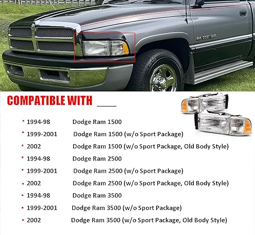 Miniatura 4 de 2 faros delanteros cromados para Dodge Ram 1500 1994 1995 1996 1997 1998 1999 2000 2001 94-02 Ram 2500 3500 (modelos no deportivos) faro delantero +