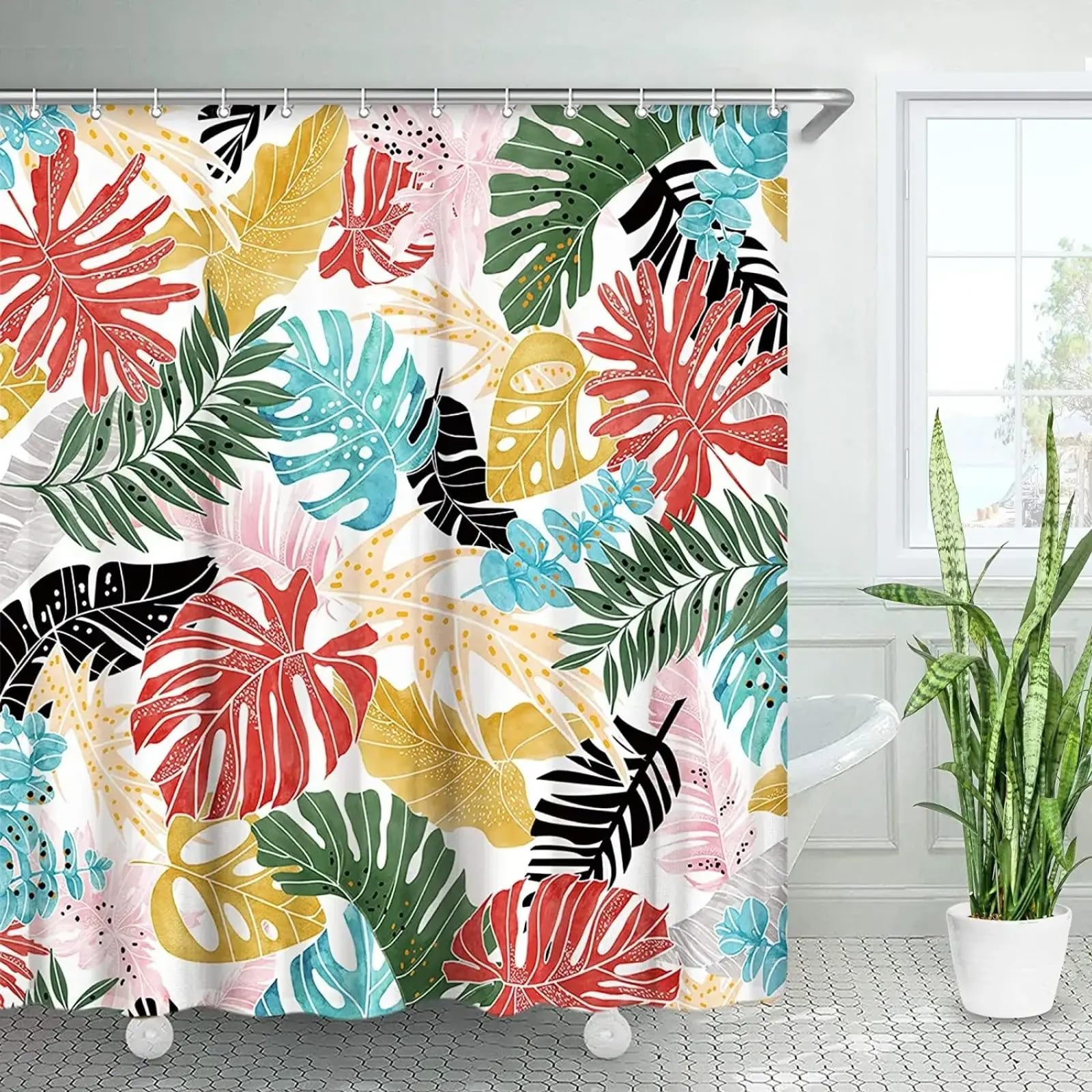 Rideau de douche tropical monstera rose et vert grand format 150x223 cm pour salle de bain