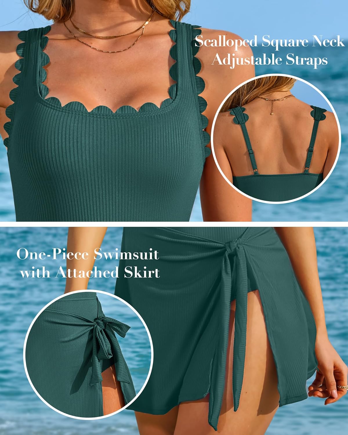 Charmo One Piece Swim Dress Scalloped Square Neck Modest Swimsuits for Women Tummy Control Bathing Suit with Skirt - Image 4