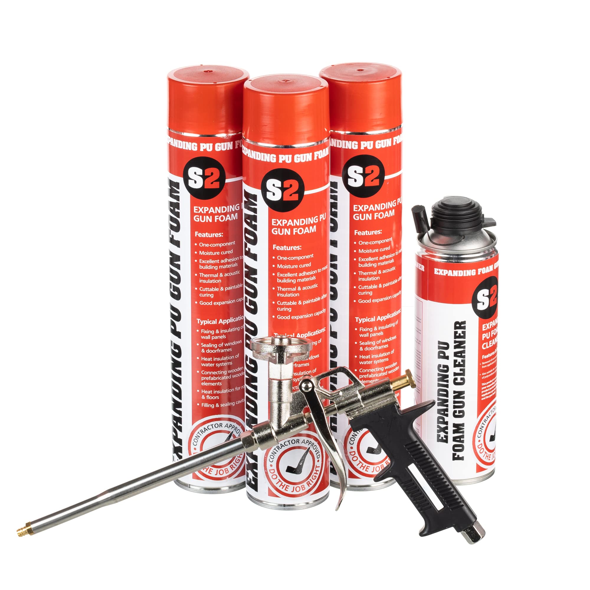 Stick2 One Component Polyurethane Expanding Gun Foam Expanding Foam Filler Exceptional Adhesion for Various Applications Gap Filler - Pack of 3 + 1 Applicator Gun + 1 x 500ml Gun Cleaner