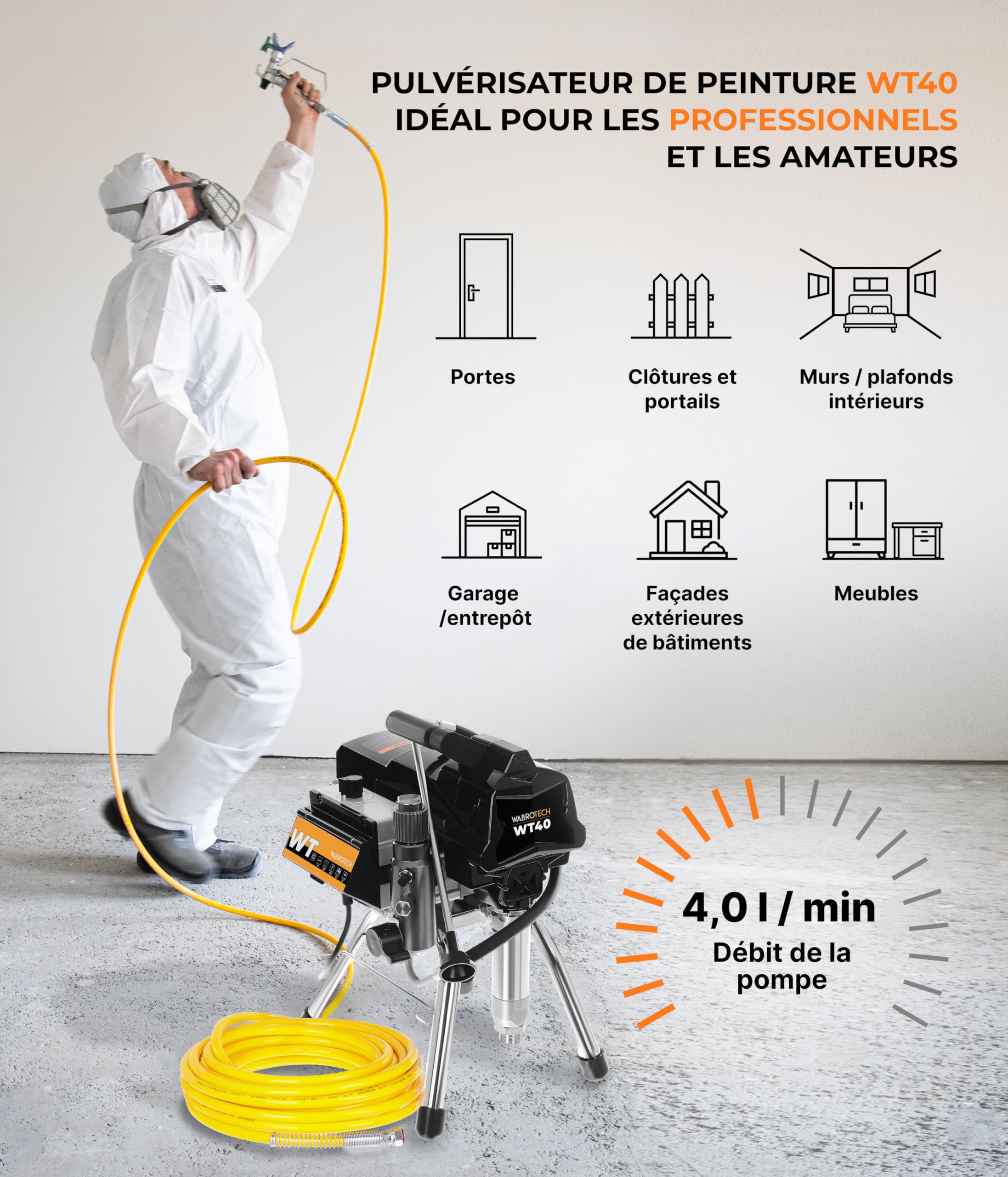 WT40 Airless Peinture 3000 W - 3290 PSI / 227 Bar Pulvérisateur de Peinture Airless - 4 L/Min Pulvérisateurs de Peinture - 140000 m²/an Pistolet a Peinture Electrique avec Tuyau de 15 m
