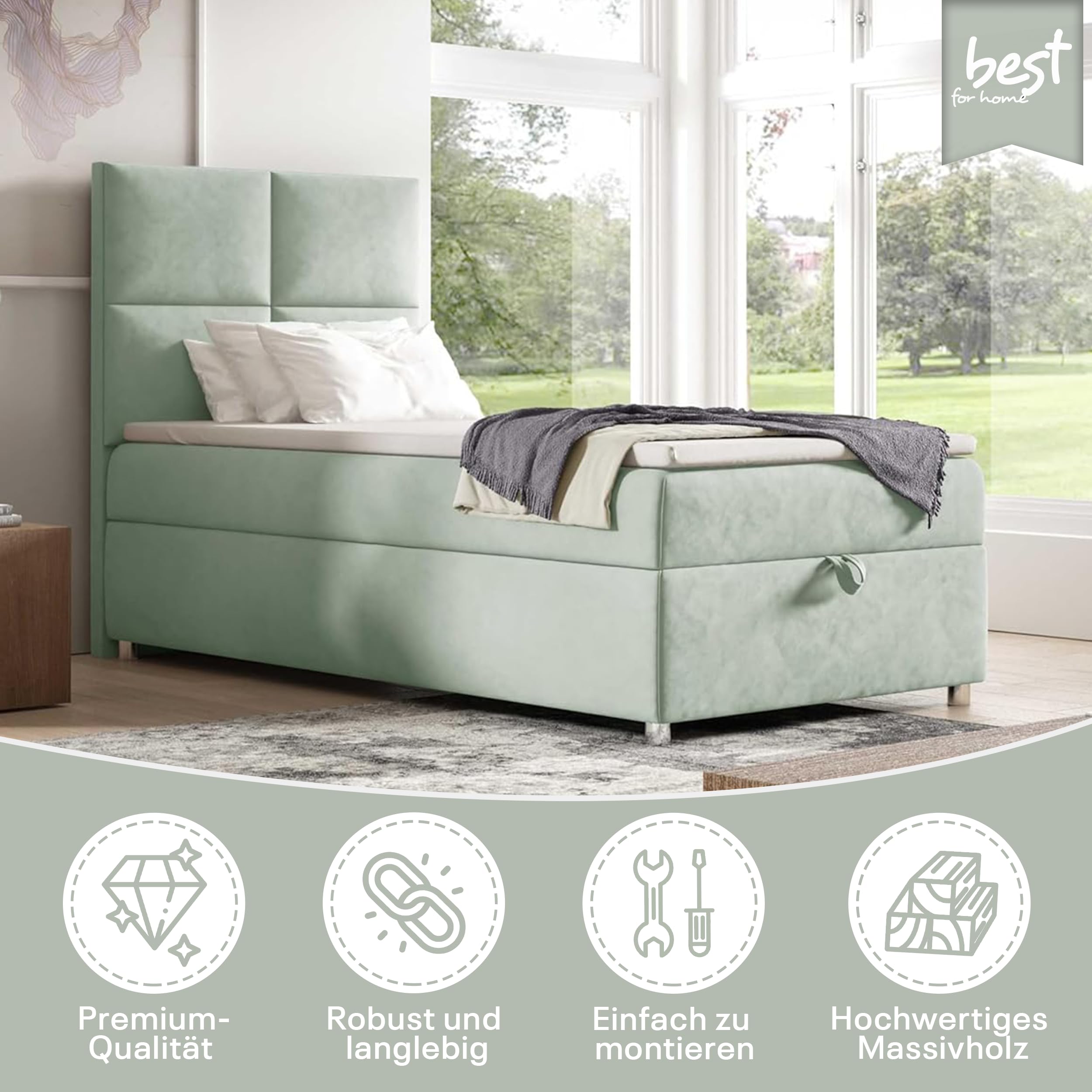 Trinity K2 Boxspringbett Single Bonellfederkern | Boxspringbett mit Matratze und Topper | 90x200 Einzelbett | Polsterbett - Lieferung an die Bordsteinkante